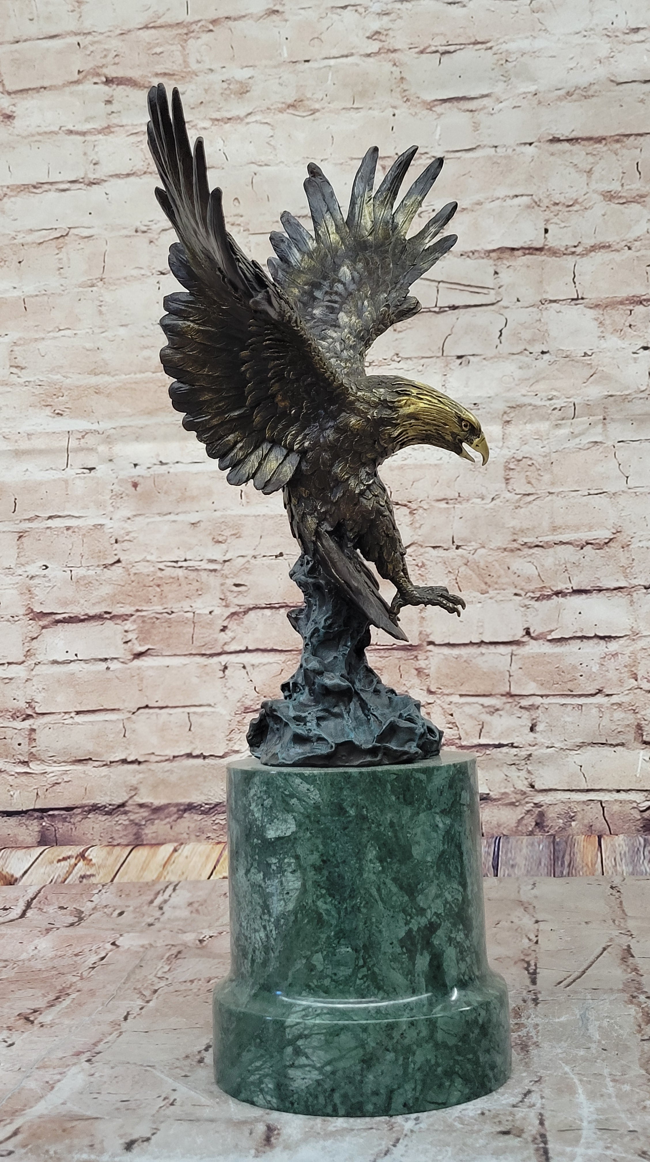 Bronze Bald Eagle Sculpture with Outstretched Wings on Green Marble Base by Milo