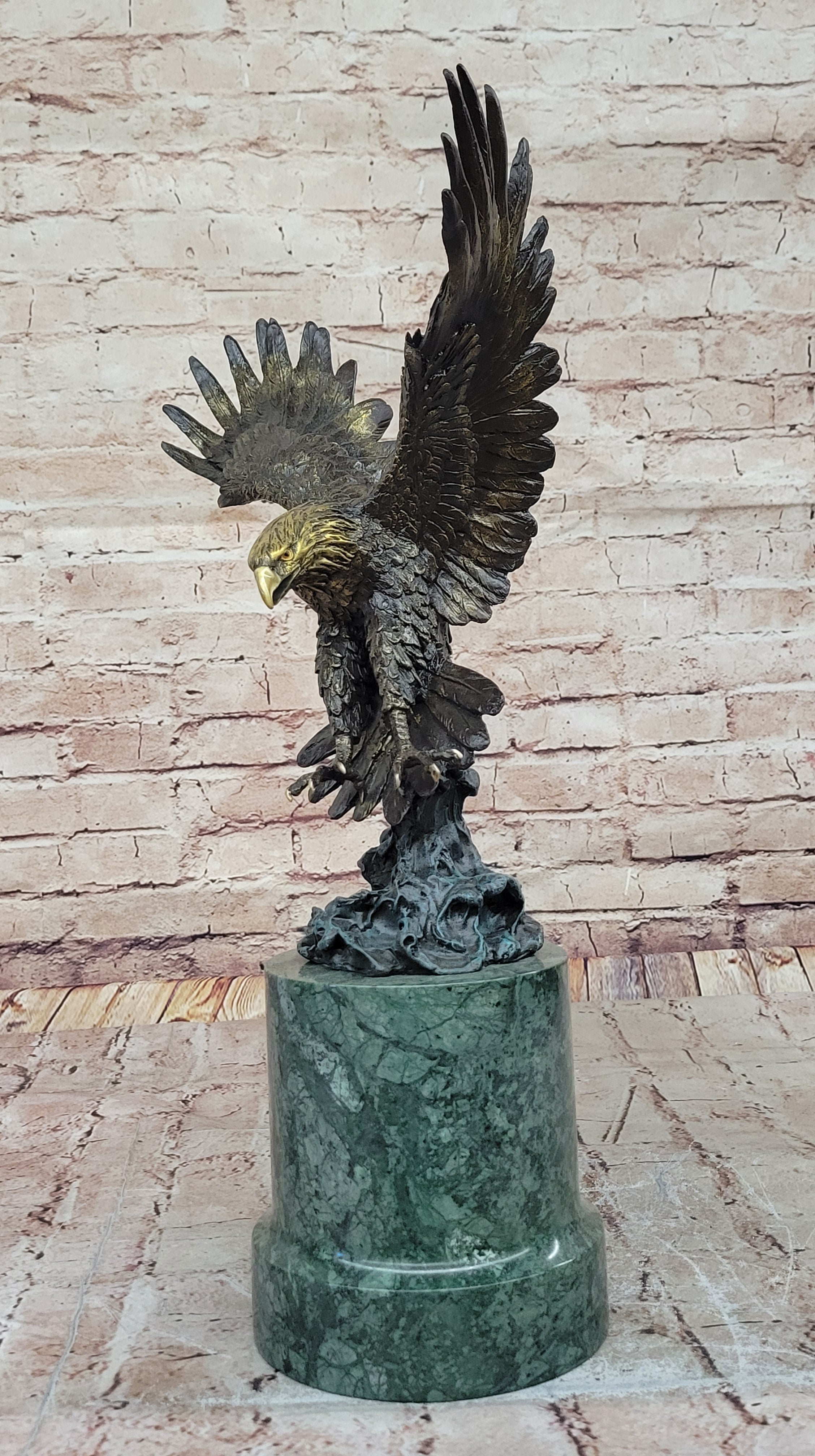 Bronze Bald Eagle Sculpture with Outstretched Wings on Green Marble Base by Milo