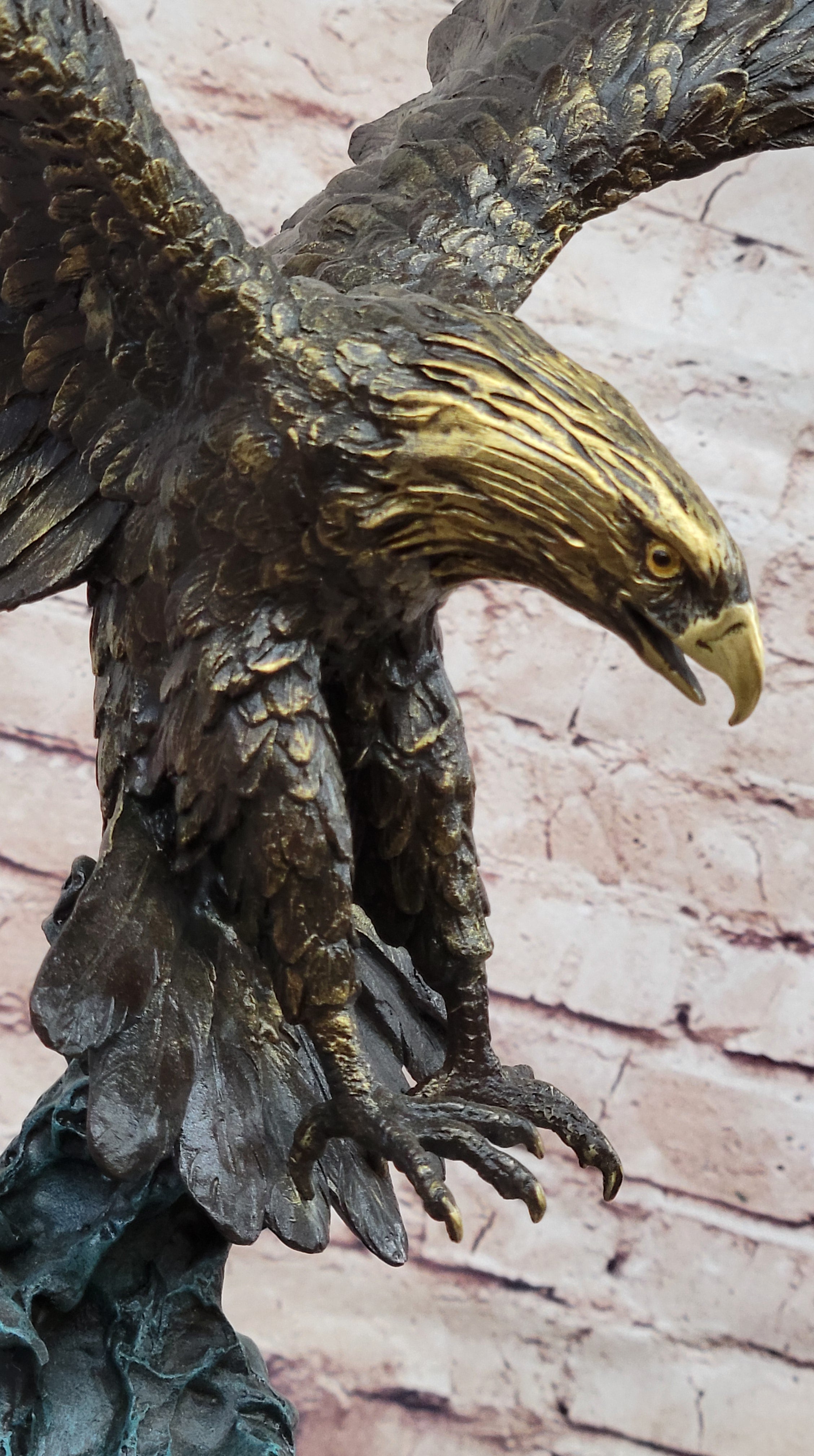 Bronze Bald Eagle Sculpture with Outstretched Wings on Green Marble Base by Milo