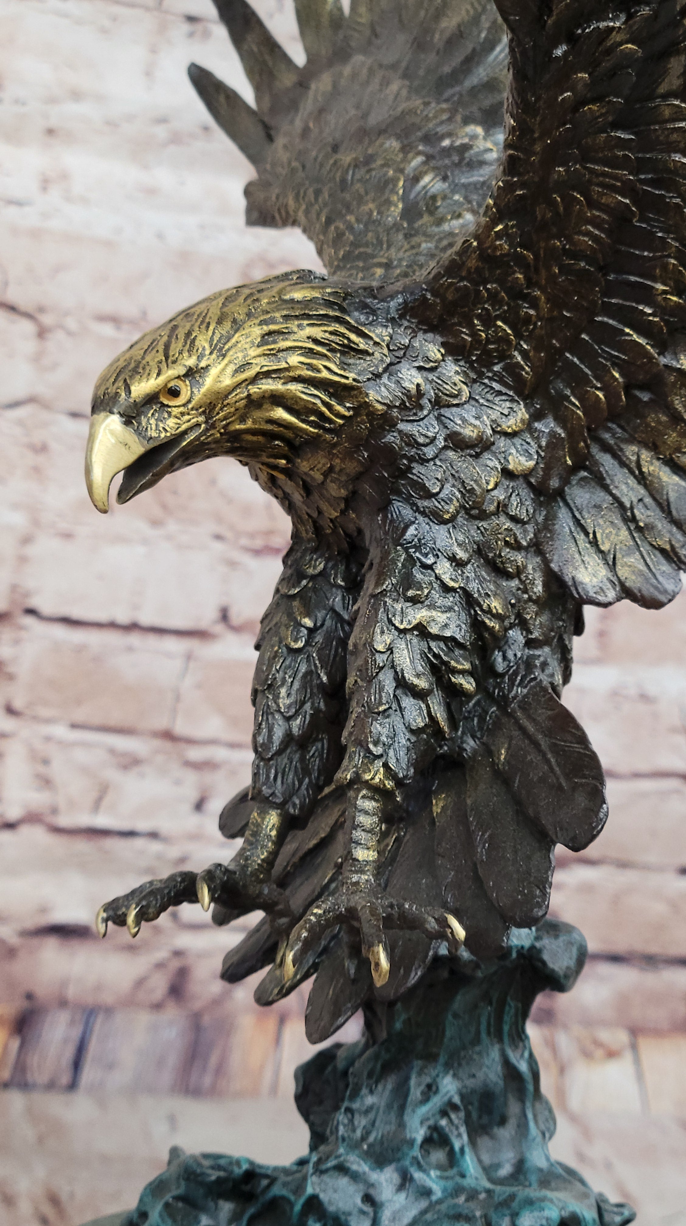 Bronze Bald Eagle Sculpture with Outstretched Wings on Green Marble Base by Milo