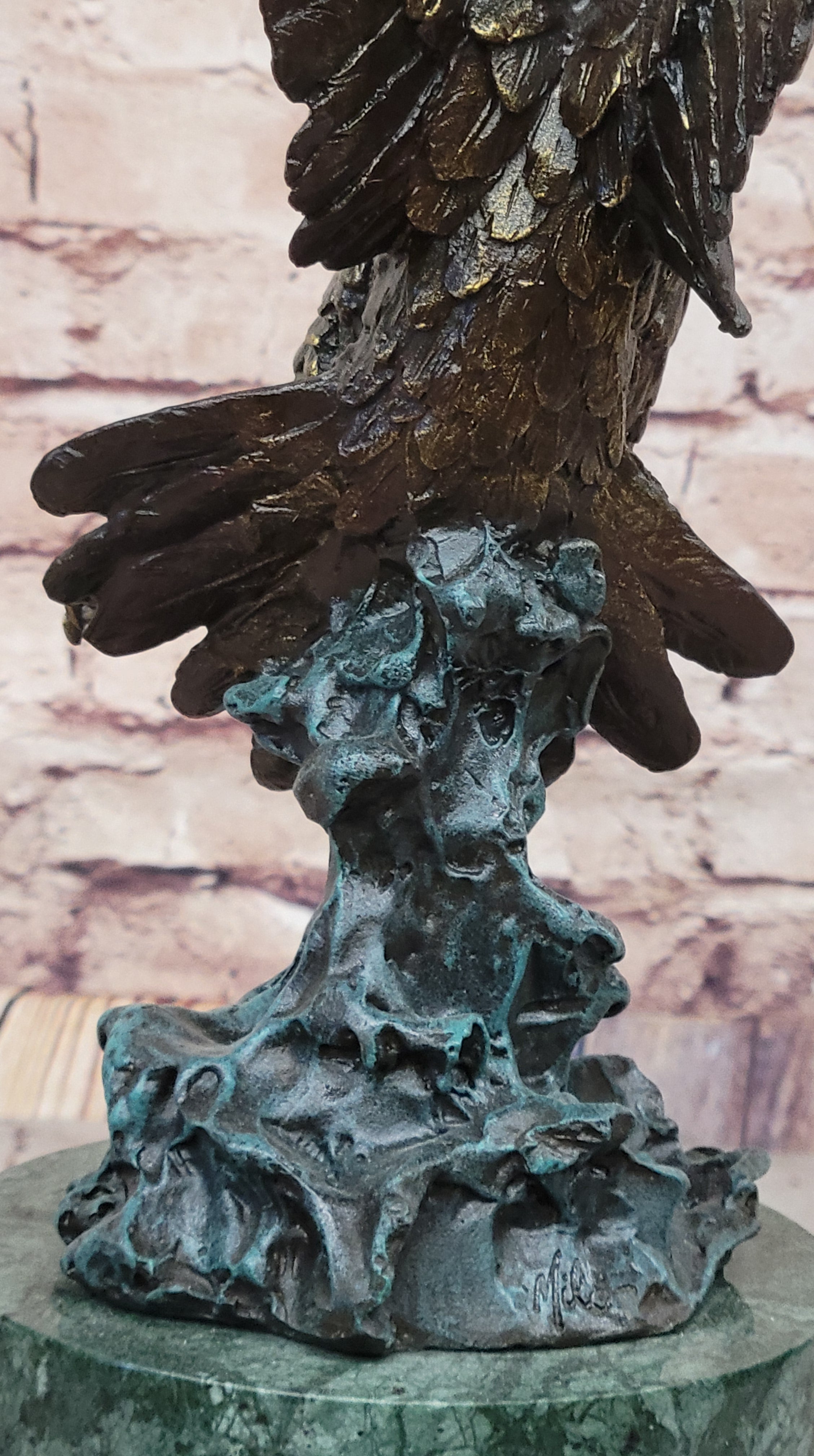 Bronze Bald Eagle Sculpture with Outstretched Wings on Green Marble Base by Milo