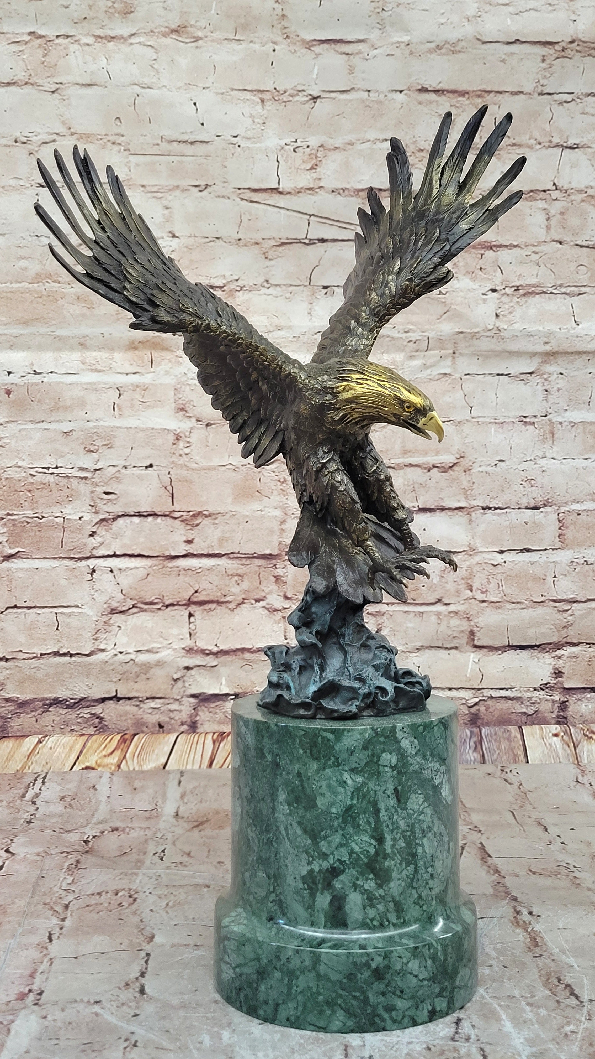 Bronze Bald Eagle Sculpture with Outstretched Wings on Green Marble Base by Milo