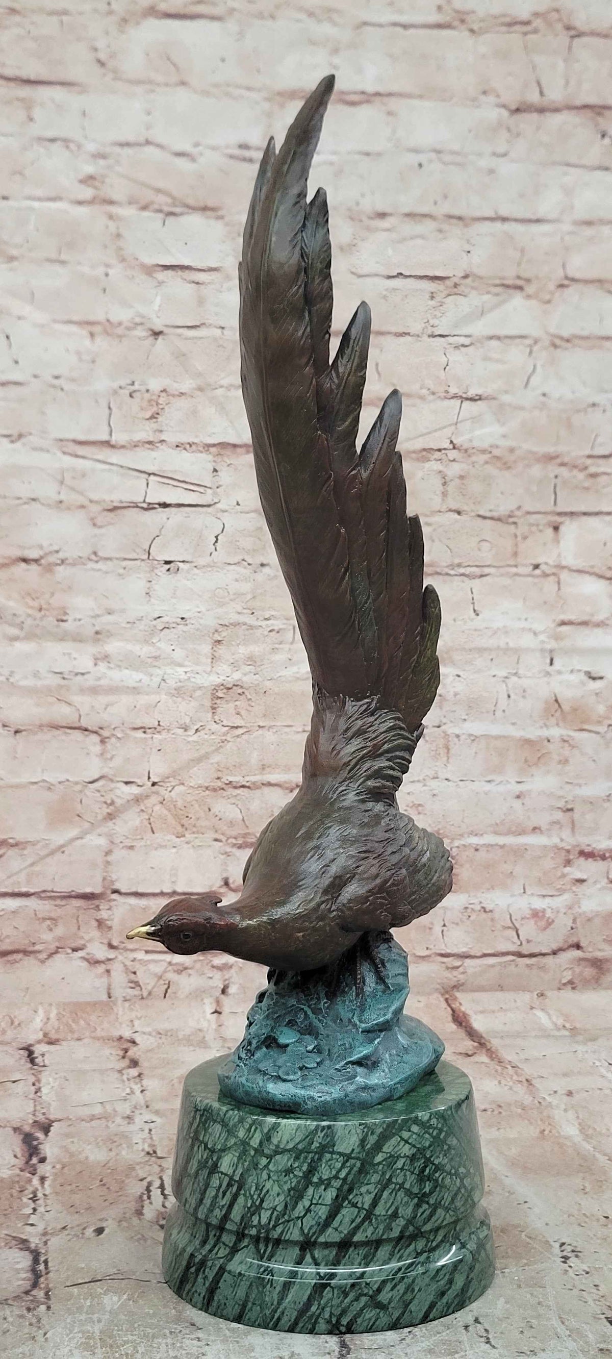 Pheasant Game Bird with Dramatic Plumage Bronze Sculpture on Marble base