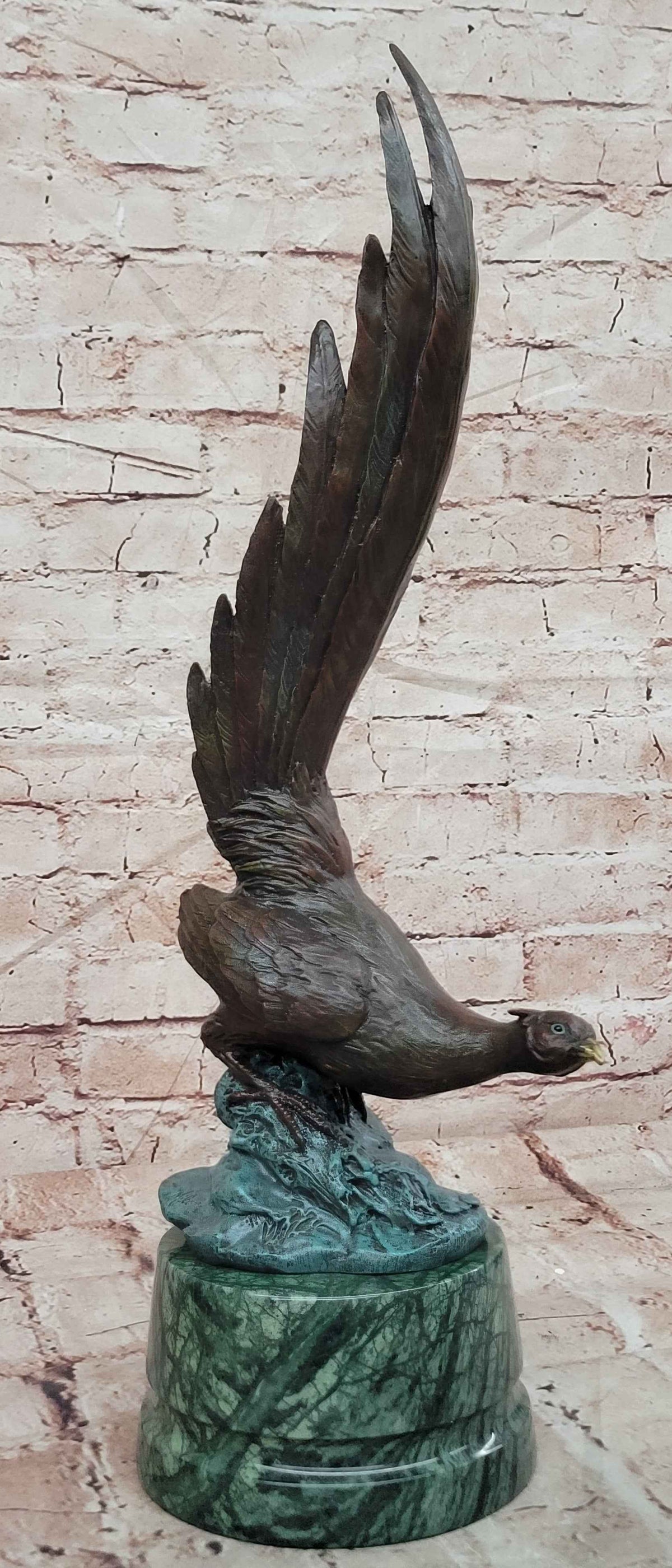 Pheasant Game Bird with Dramatic Plumage Bronze Sculpture on Marble base