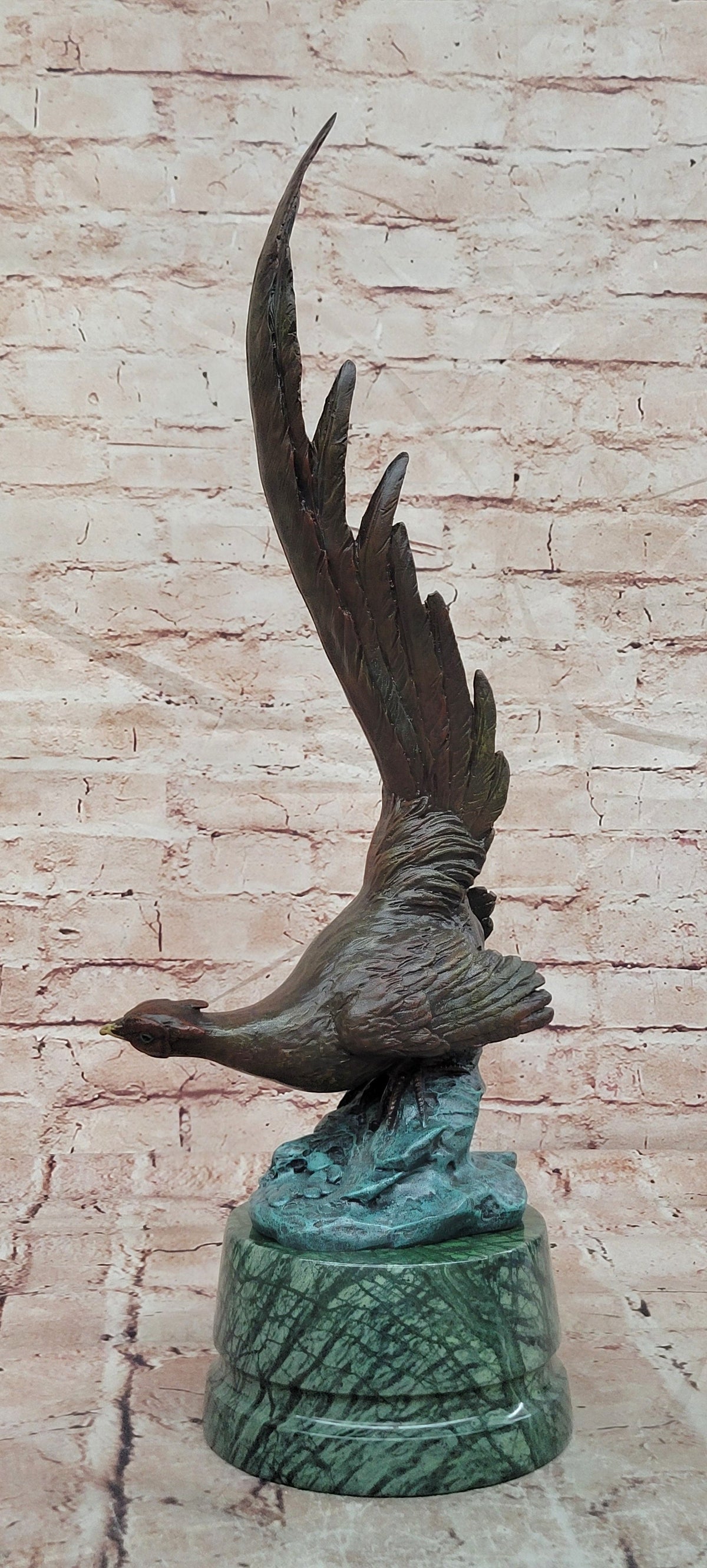 Pheasant Game Bird with Dramatic Plumage Bronze Sculpture on Marble base