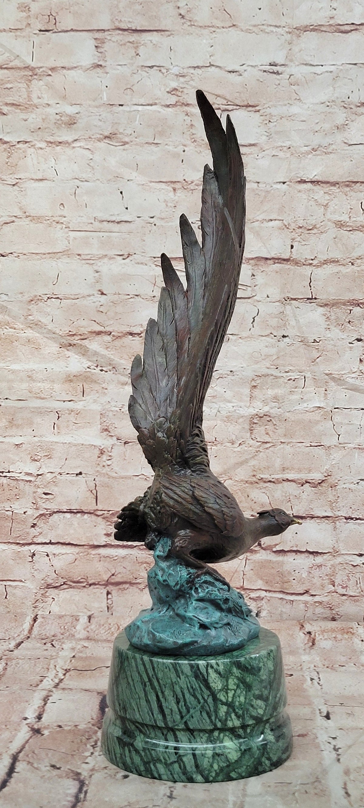 Pheasant Game Bird with Dramatic Plumage Bronze Sculpture on Marble base