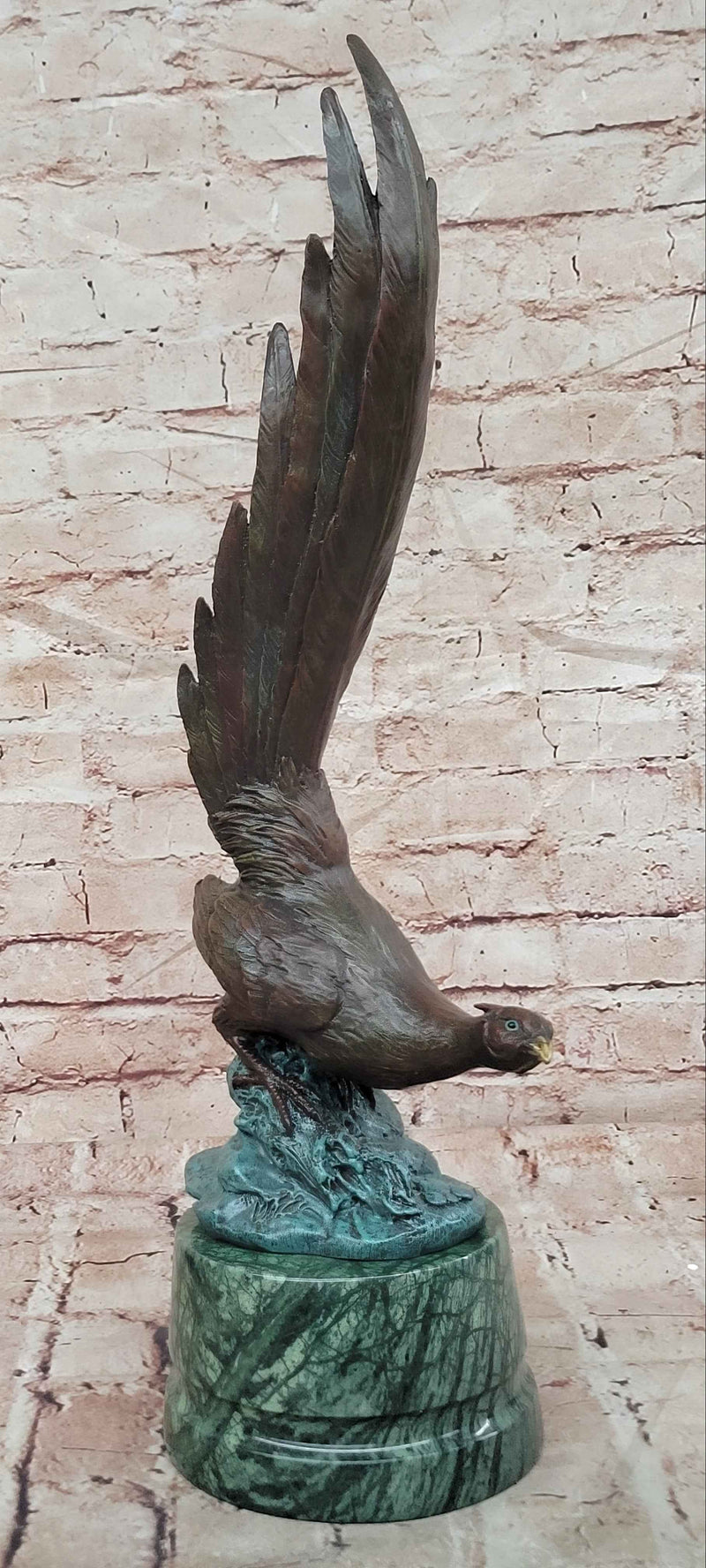 Pheasant Game Bird with Dramatic Plumage Bronze Sculpture on Marble base
