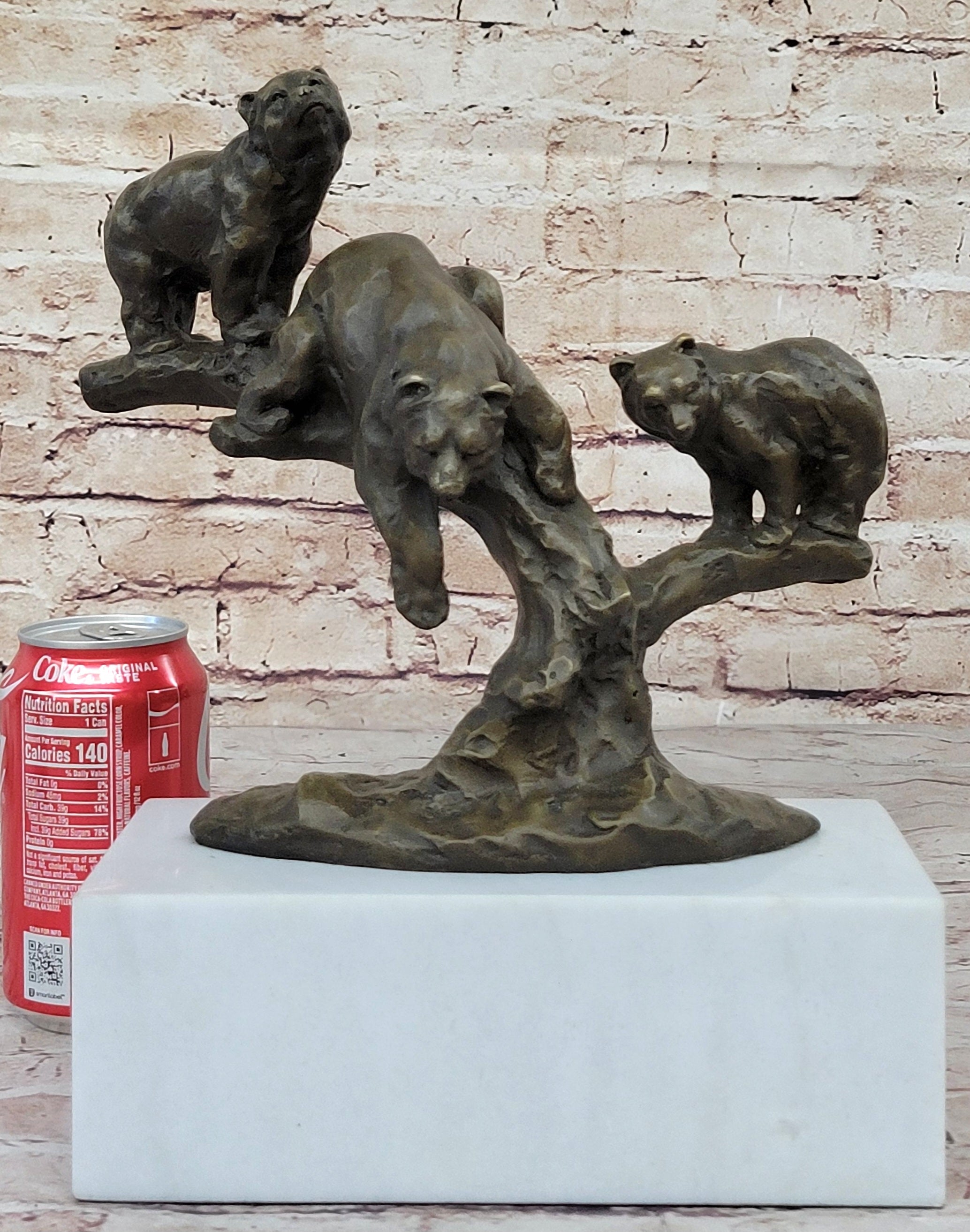 Green Patina Bear Family on a tree stump Bronze Sculpture Statue Figurine