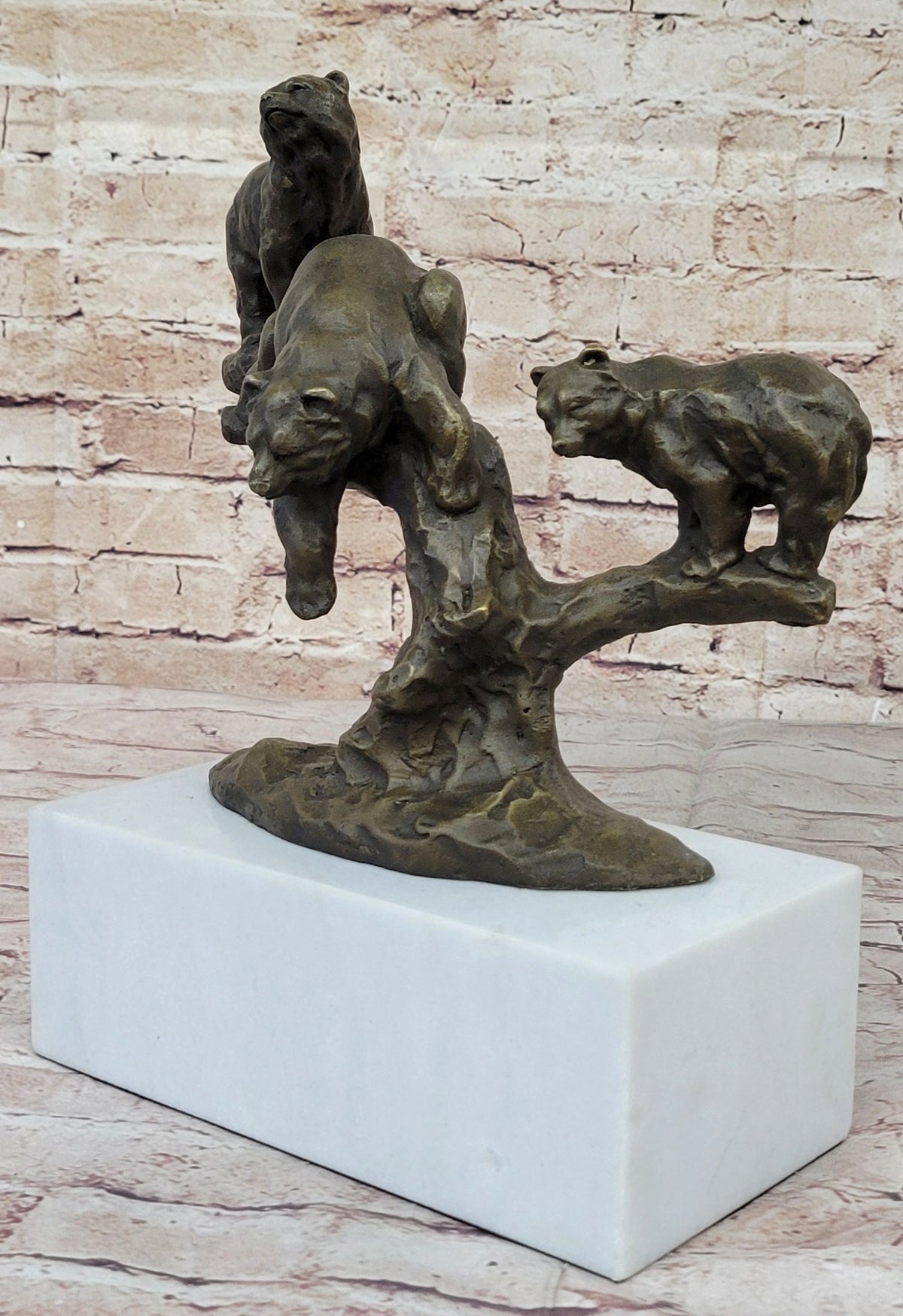 Green Patina Bear Family on a tree stump Bronze Sculpture Statue Figurine