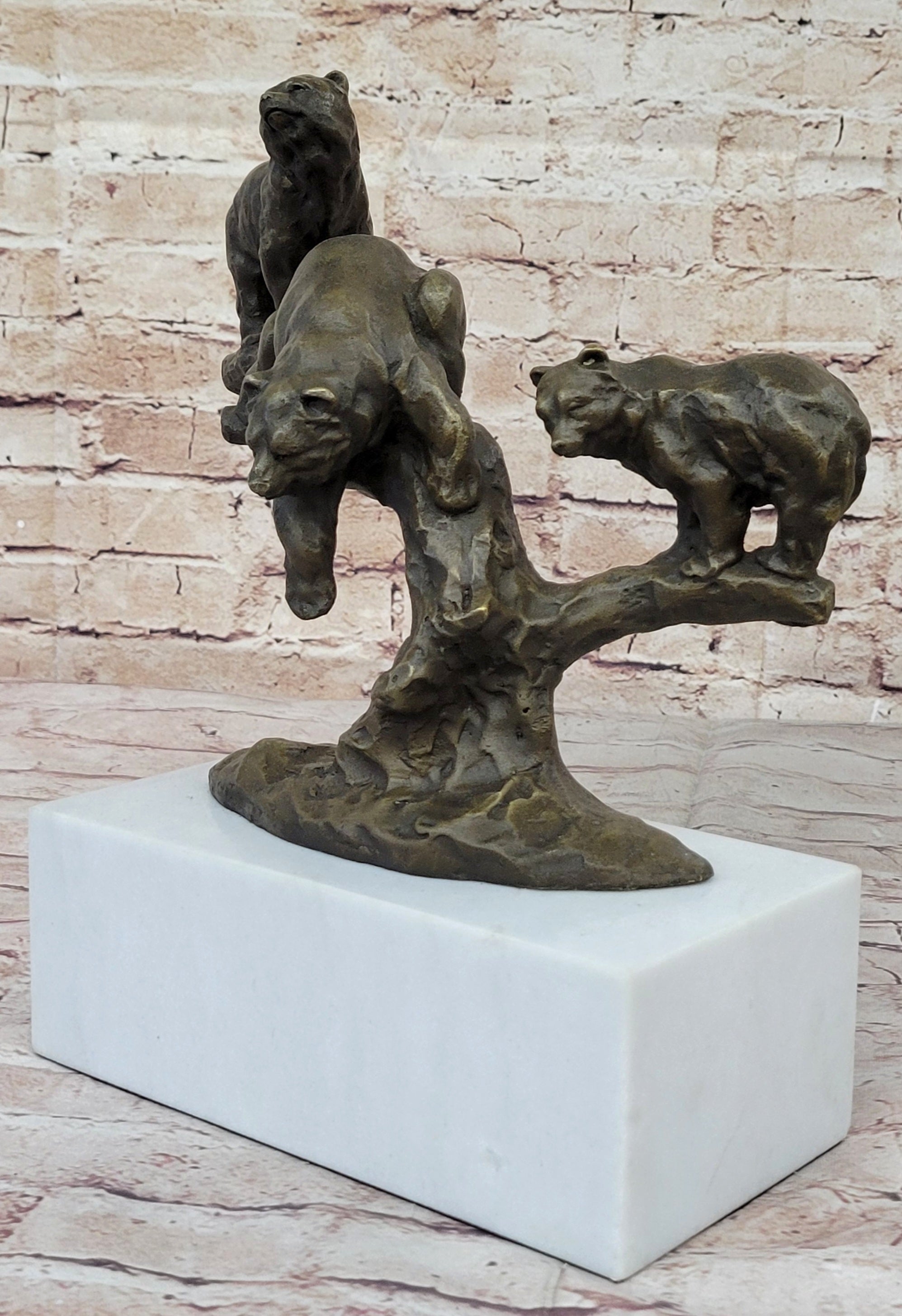 Green Patina Bear Family on a tree stump Bronze Sculpture Statue Figurine