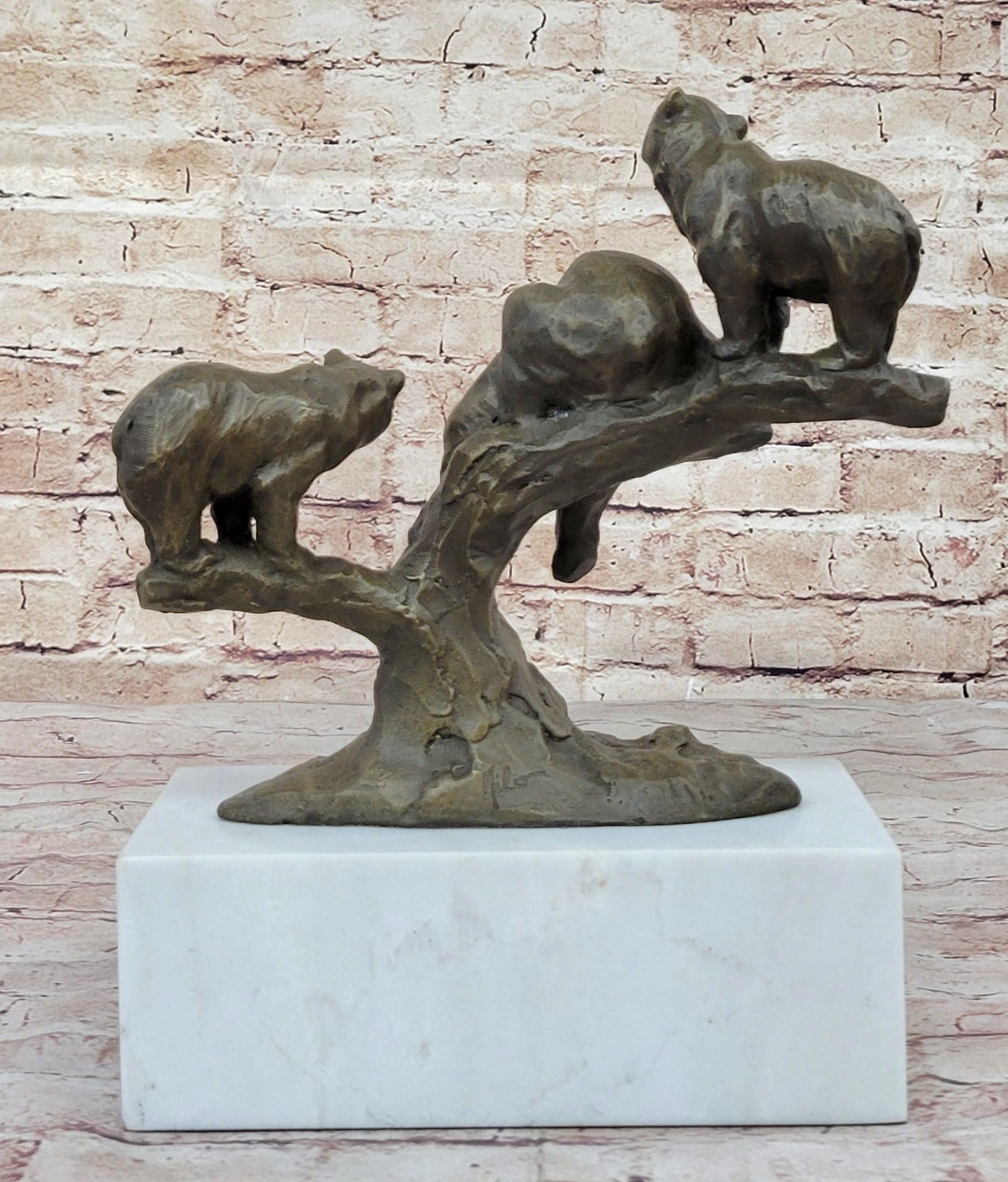 Green Patina Bear Family on a tree stump Bronze Sculpture Statue Figurine