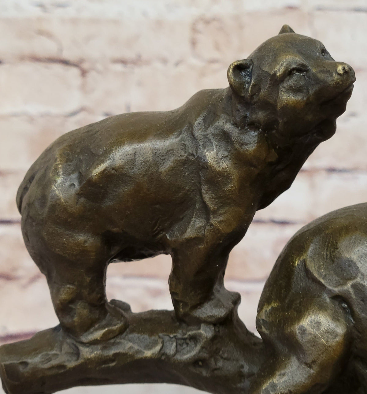Green Patina Bear Family on a tree stump Bronze Sculpture Statue Figurine