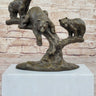 Green Patina Bear Family on a tree stump Bronze Sculpture Statue Figurine
