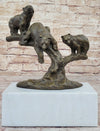 Green Patina Bear Family on a tree stump Bronze Sculpture Statue Figurine