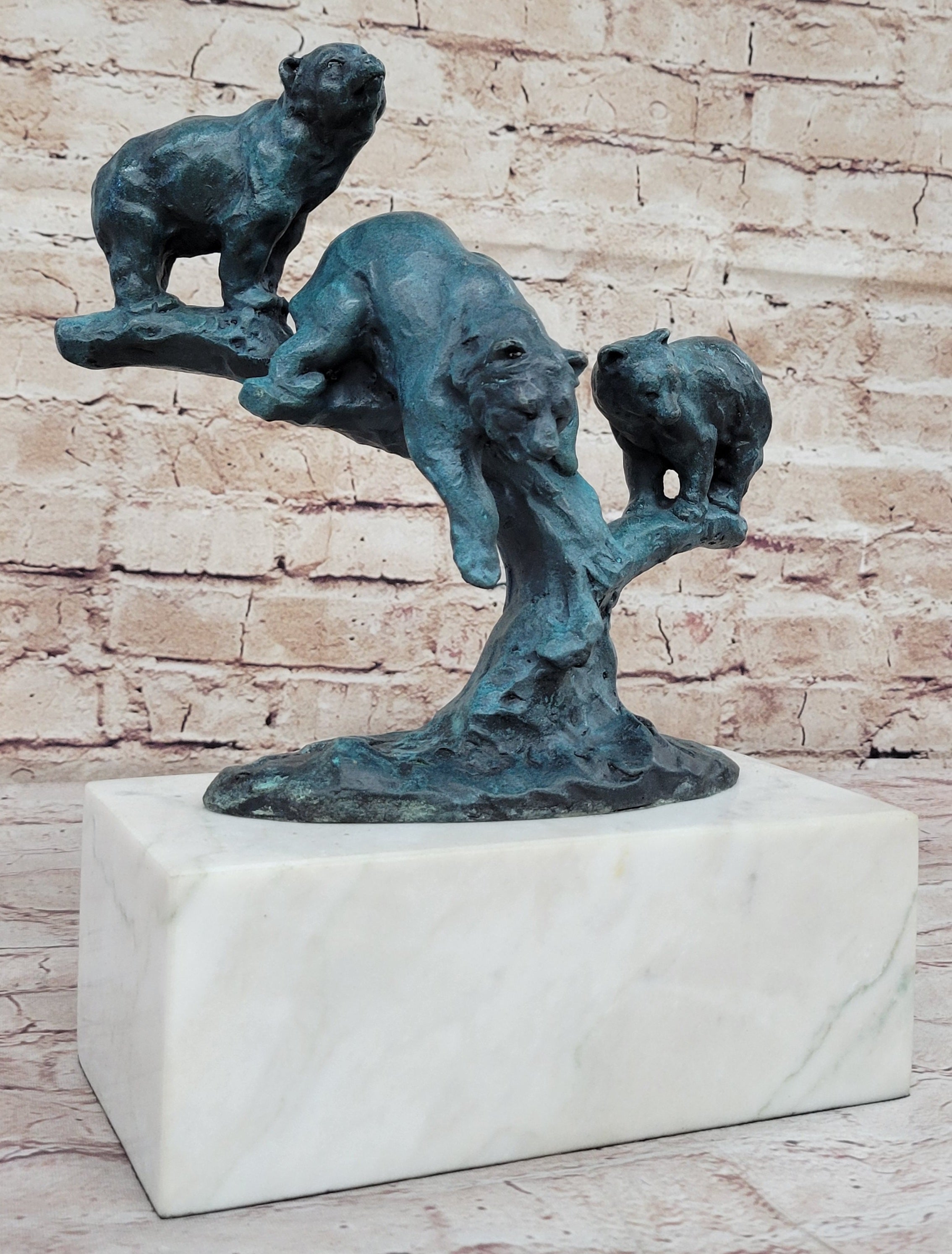 Bear Family Bears on Tree Branch - Bronze Metal Sculpture on White Marble Base