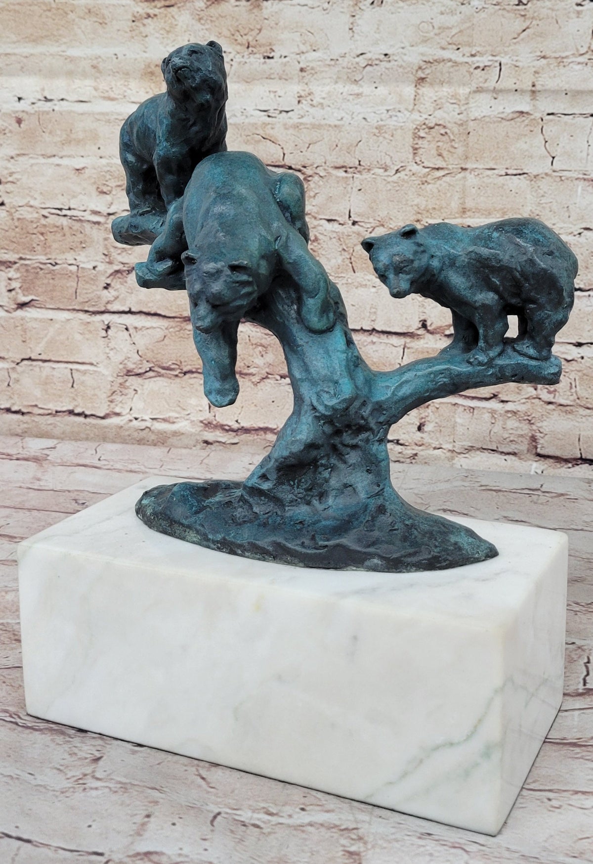 Bear Family Bears on Tree Branch - Bronze Metal Sculpture on White Marble Base