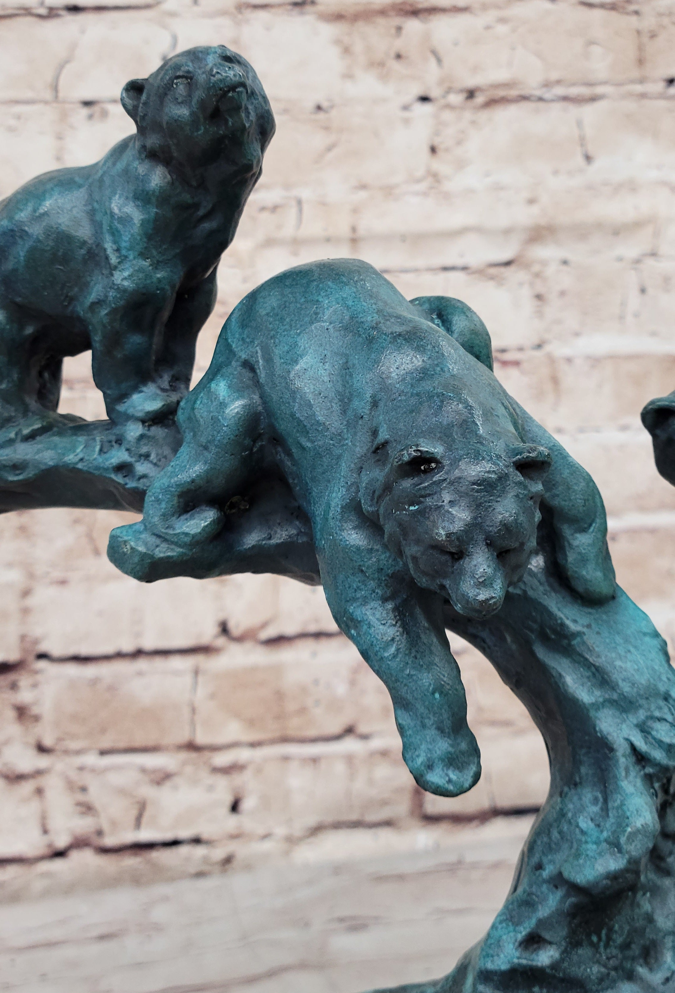 Bear Family Bears on Tree Branch - Bronze Metal Sculpture on White Marble Base