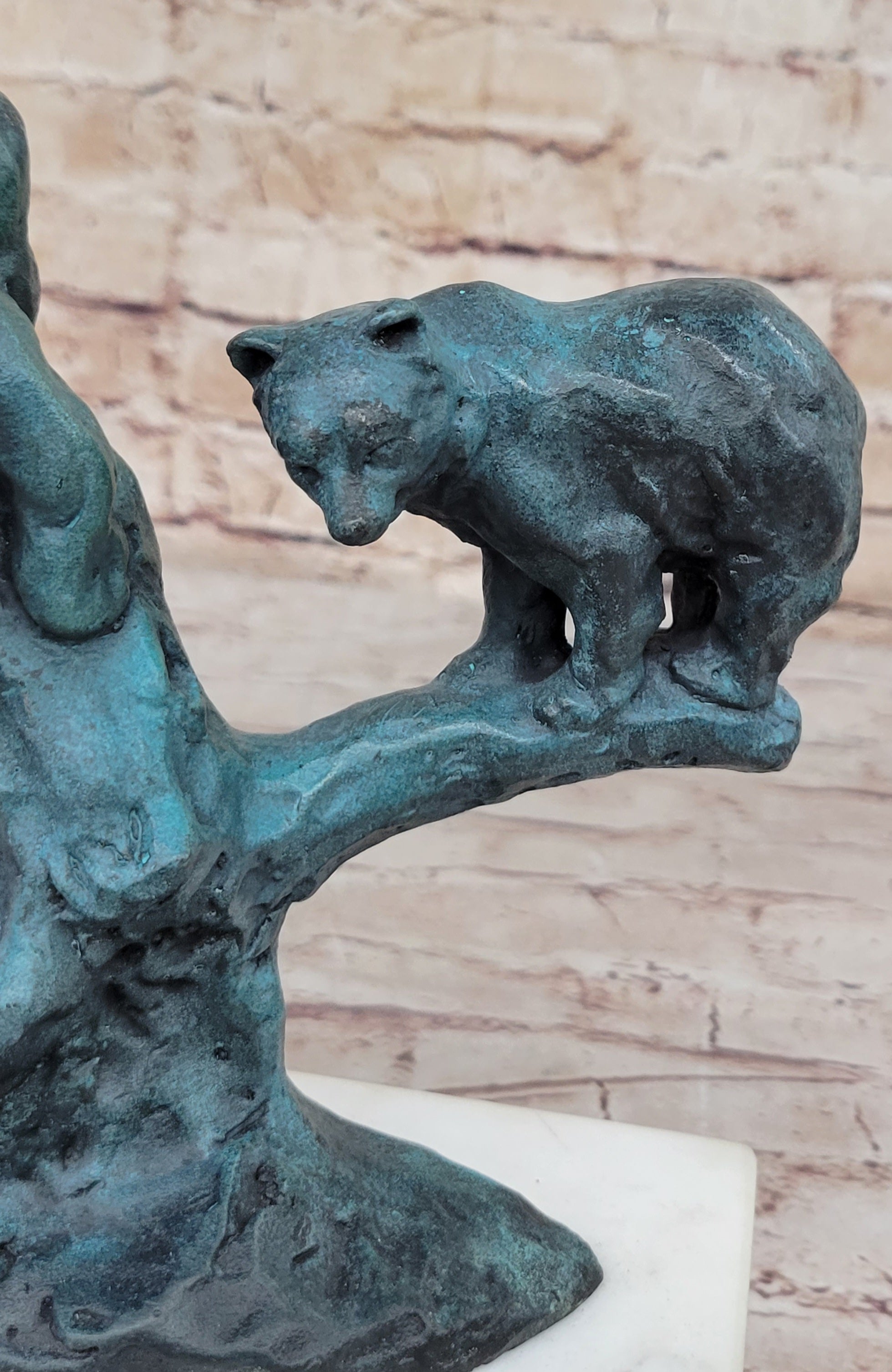 Bear Family Bears on Tree Branch - Bronze Metal Sculpture on White Marble Base