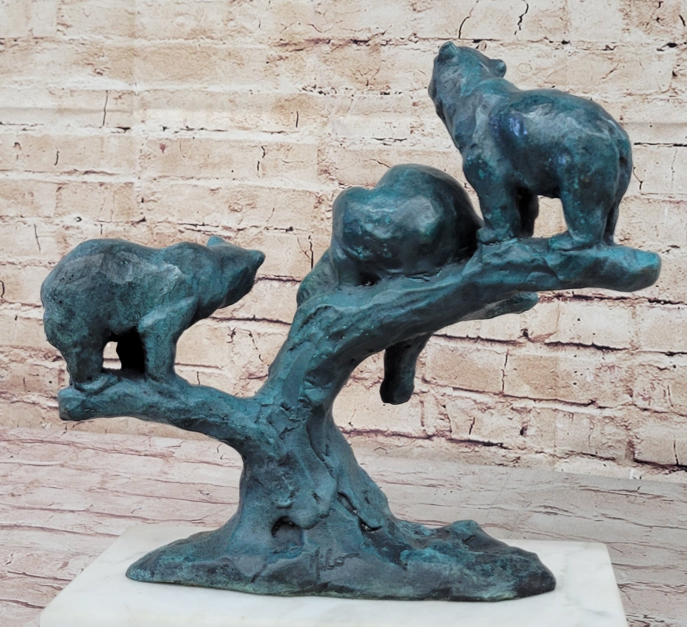 Bear Family Bears on Tree Branch - Bronze Metal Sculpture on White Marble Base