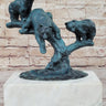 Bear Family Bears on Tree Branch - Bronze Metal Sculpture on White Marble Base
