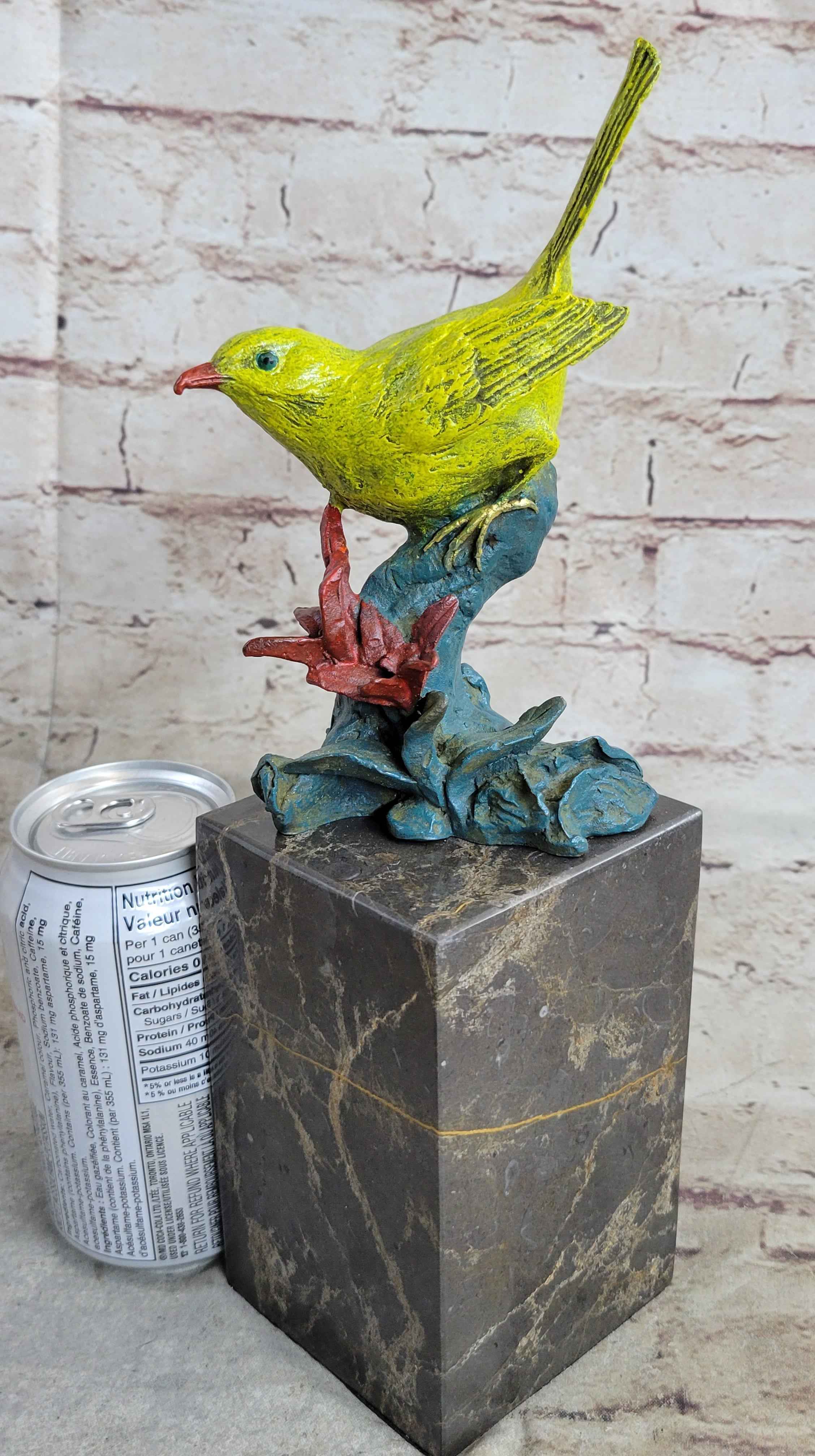 Bronze Metal Colorful Yellow Finch Songbird Bird Sculpture Statue Figurine Marble Base