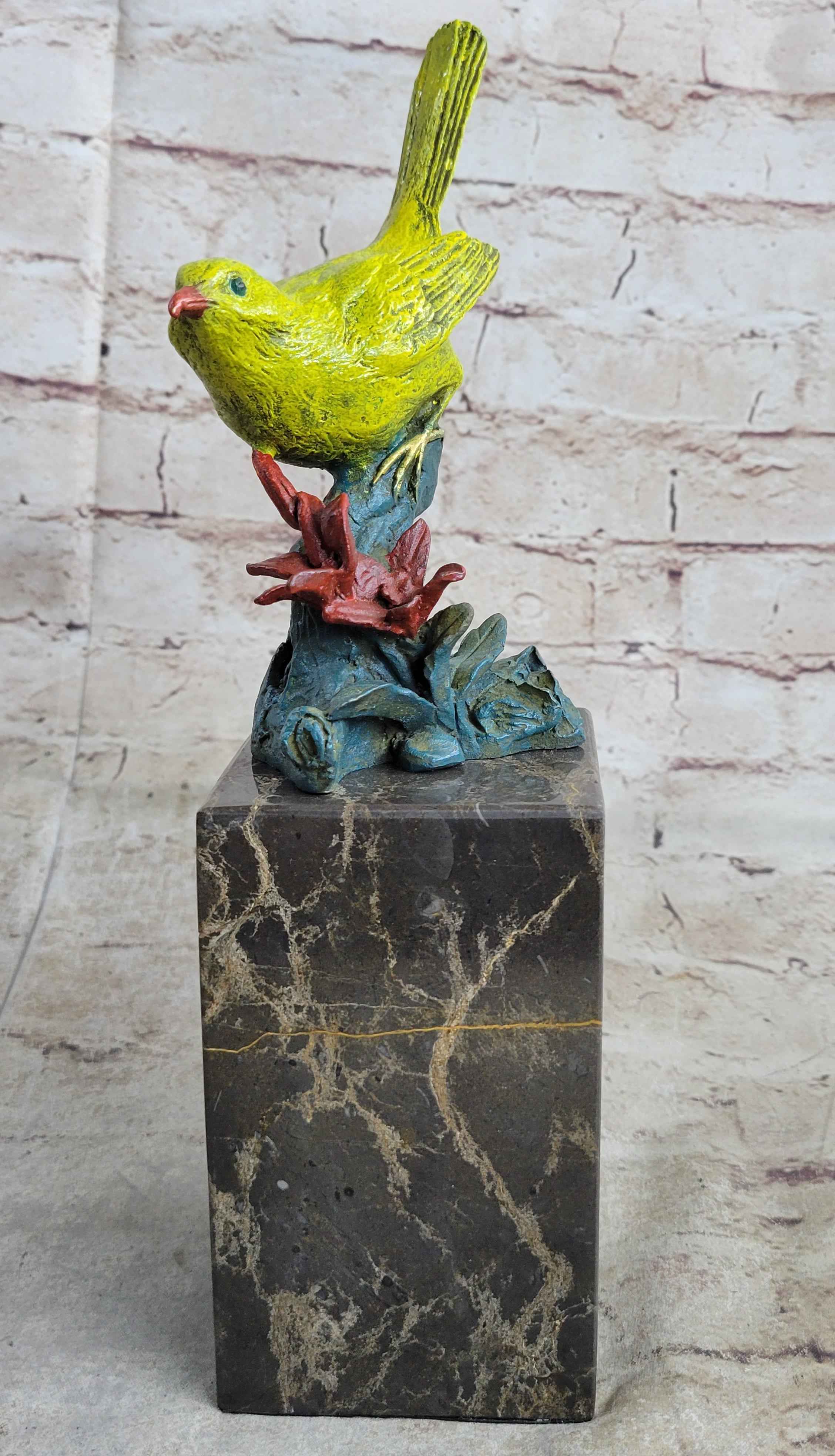 Bronze Metal Colorful Yellow Finch Songbird Bird Sculpture Statue Figurine Marble Base