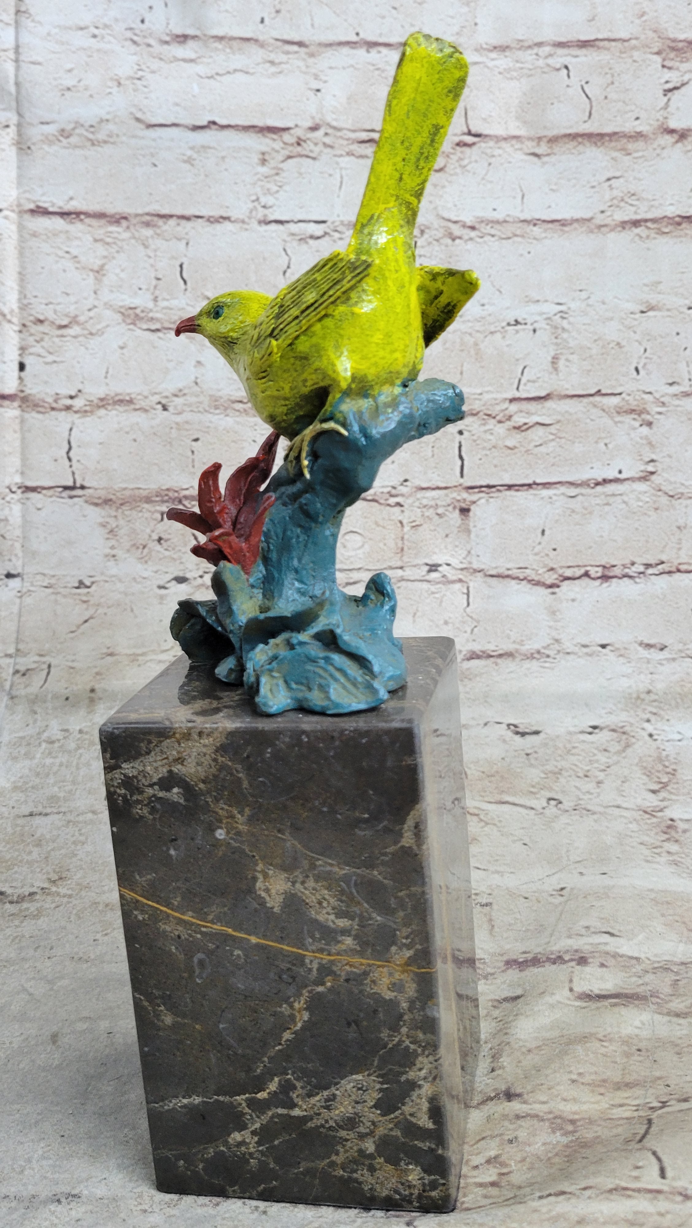 Bronze Metal Colorful Yellow Finch Songbird Bird Sculpture Statue Figurine Marble Base