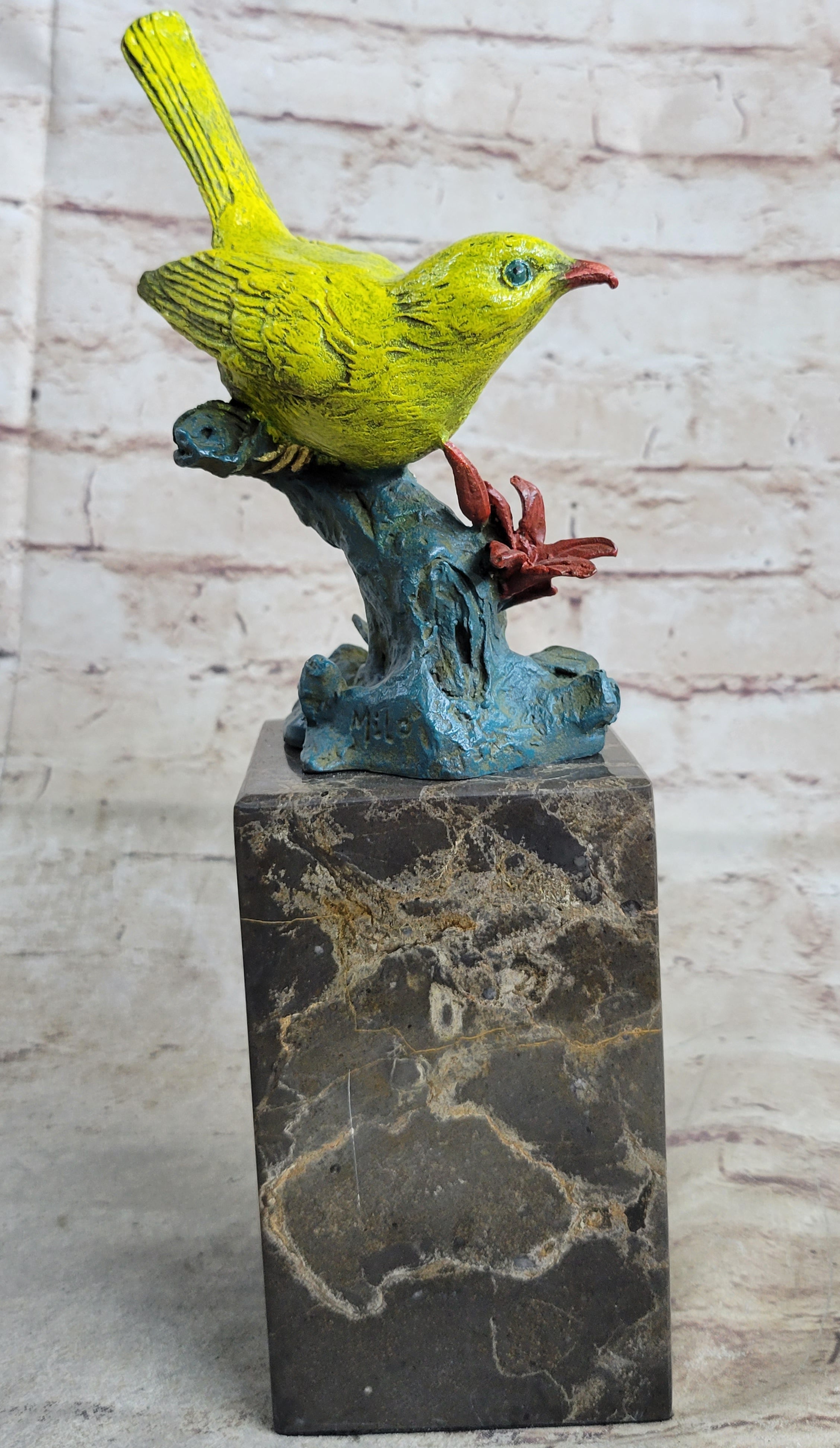 Bronze Metal Colorful Yellow Finch Songbird Bird Sculpture Statue Figurine Marble Base