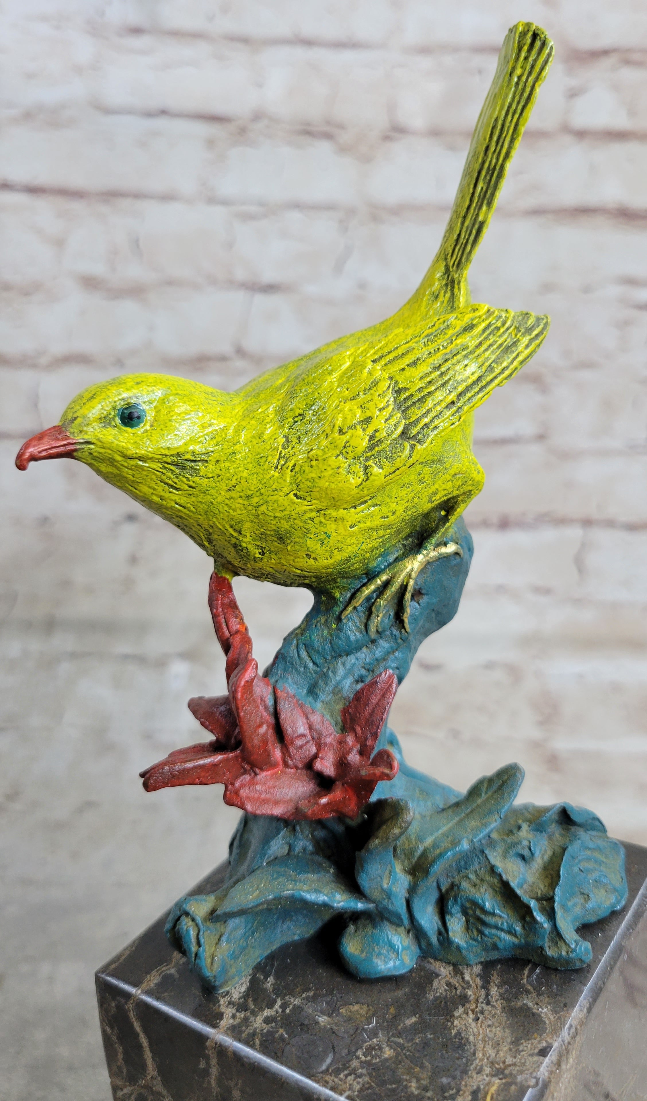 Bronze Metal Colorful Yellow Finch Songbird Bird Sculpture Statue Figurine Marble Base