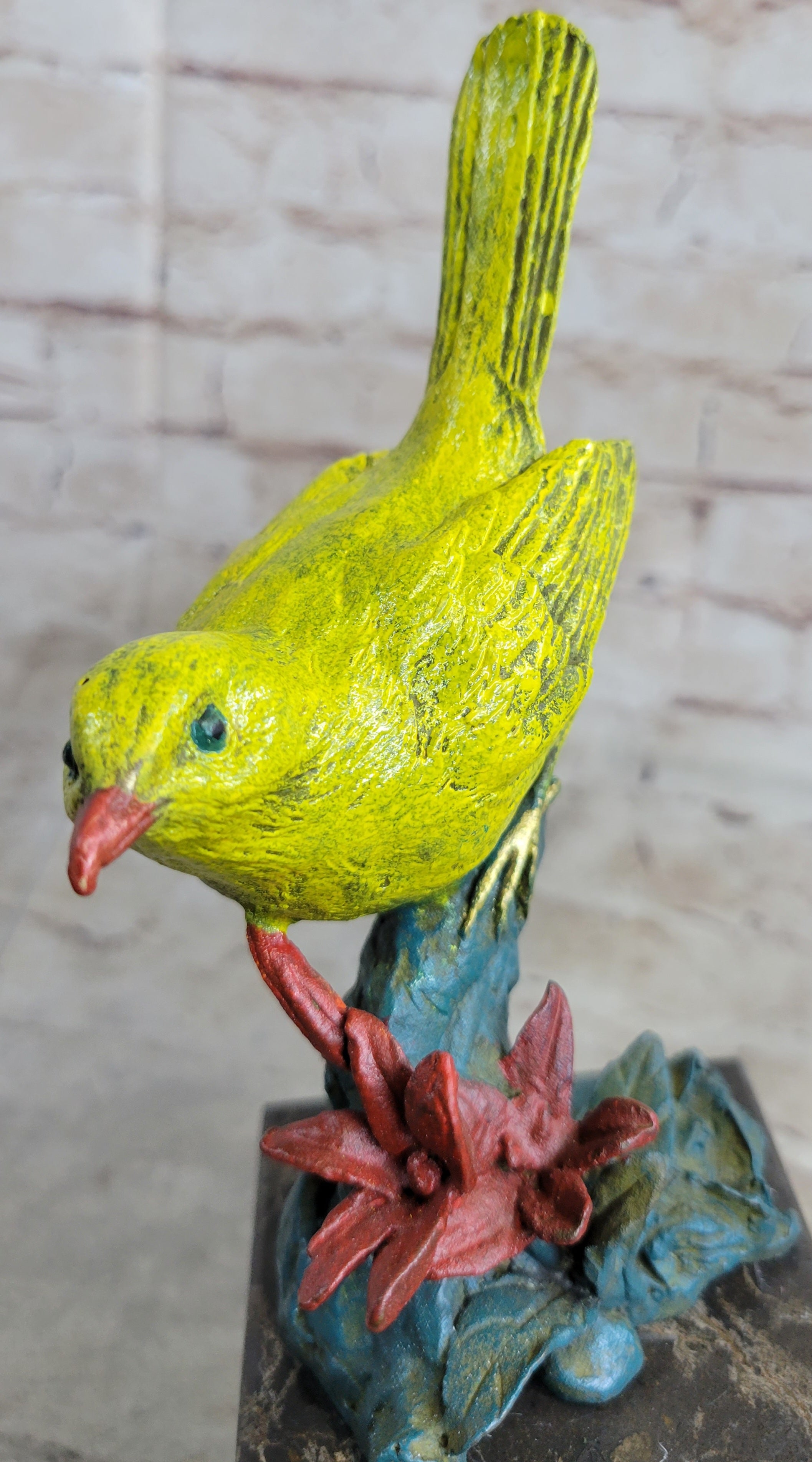 Bronze Metal Colorful Yellow Finch Songbird Bird Sculpture Statue Figurine Marble Base
