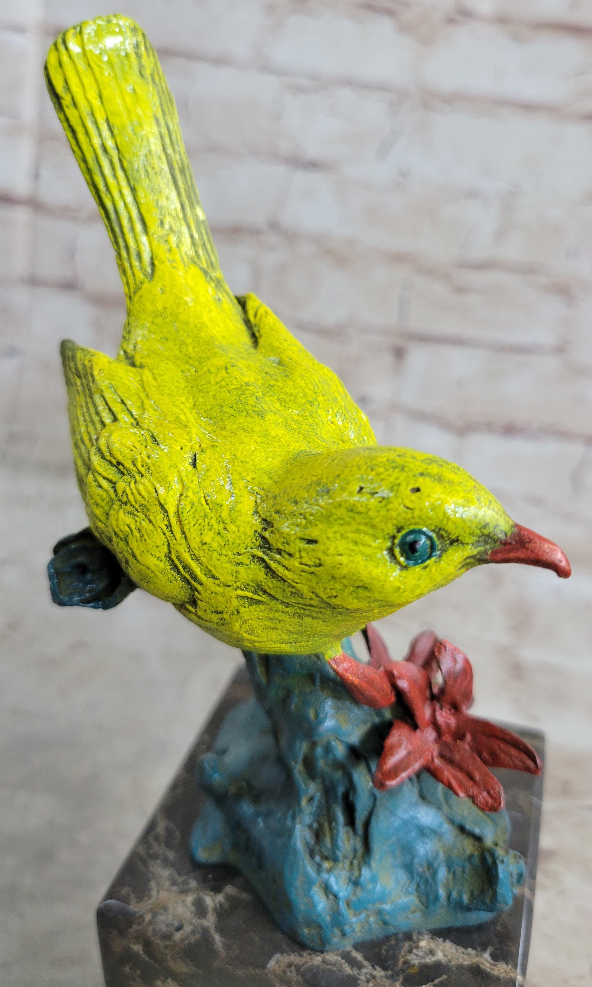 Bronze Metal Colorful Yellow Finch Songbird Bird Sculpture Statue Figurine Marble Base