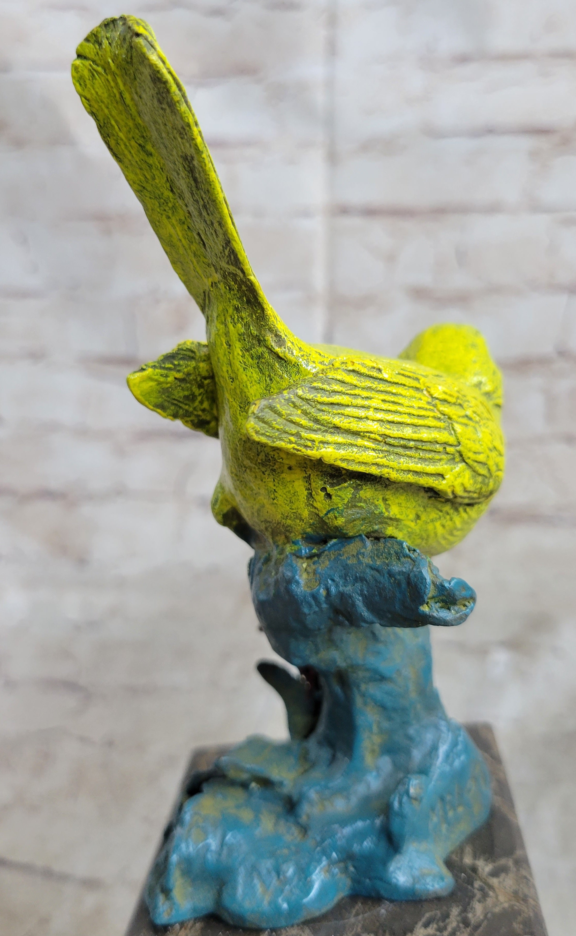 Bronze Metal Colorful Yellow Finch Songbird Bird Sculpture Statue Figurine Marble Base