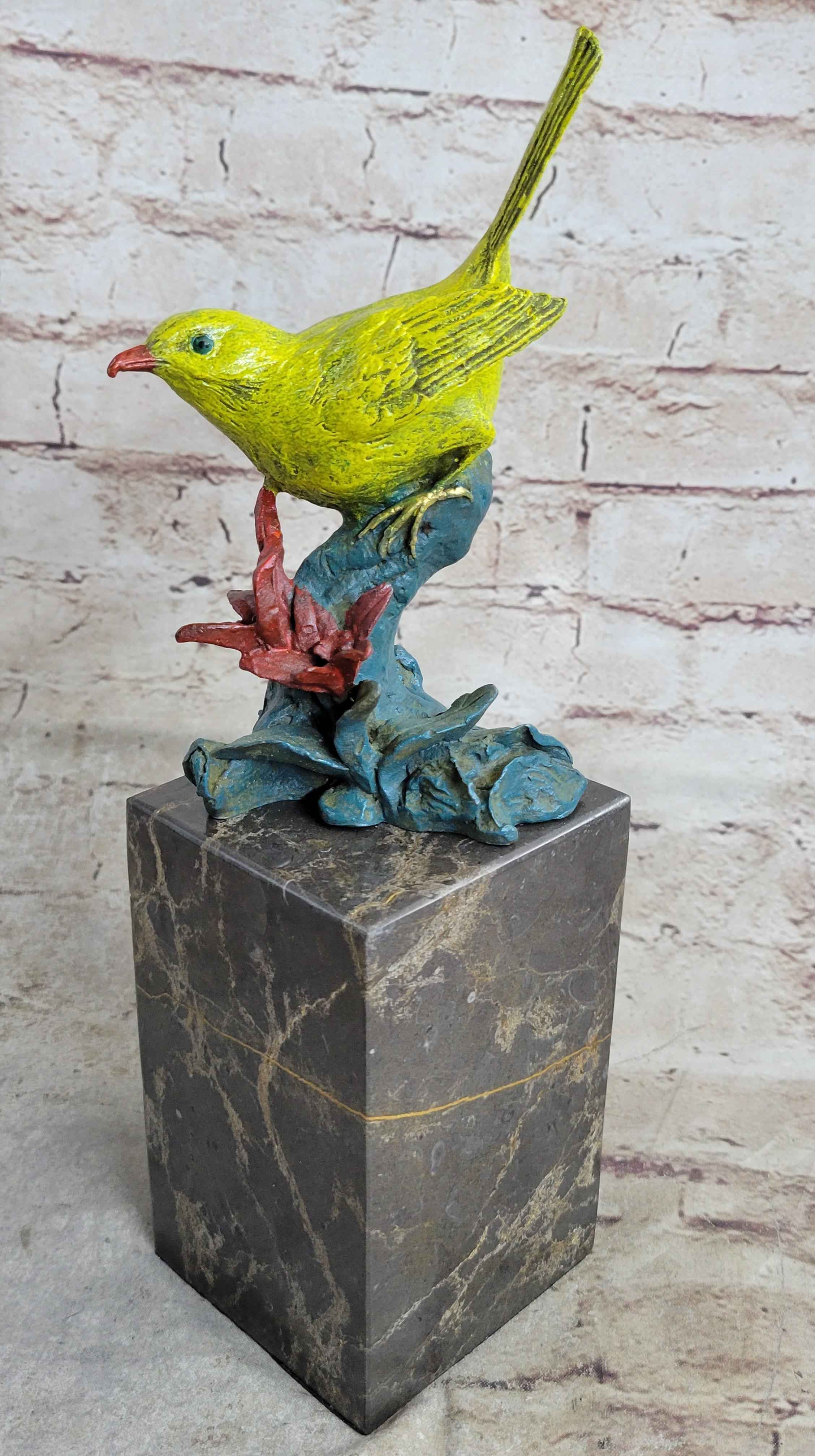 Bronze Metal Colorful Yellow Finch Songbird Bird Sculpture Statue Figurine Marble Base