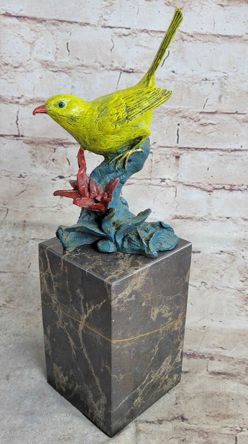 Bronze Metal Colorful Yellow Finch Songbird Bird Sculpture Statue Figurine Marble Base