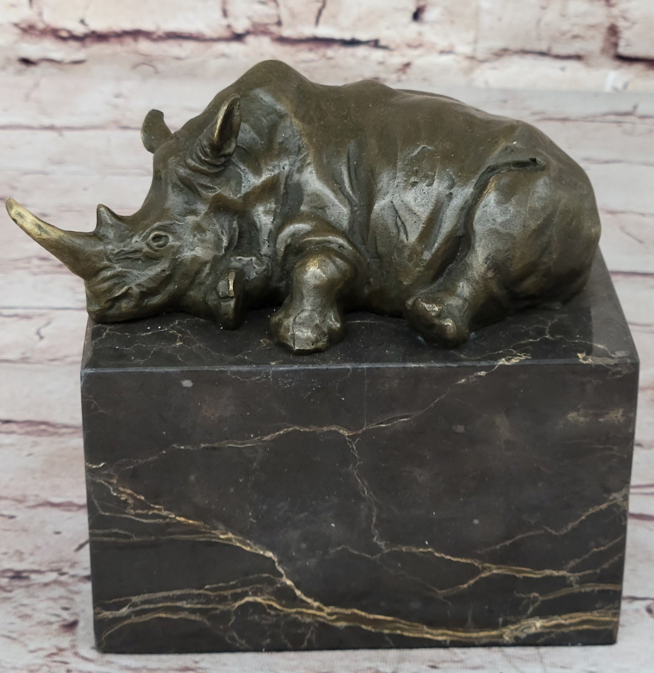 Rhinoceros Rhino Bookend Bronze Sculpture Figurine Lost Wax Casting on Marble Base