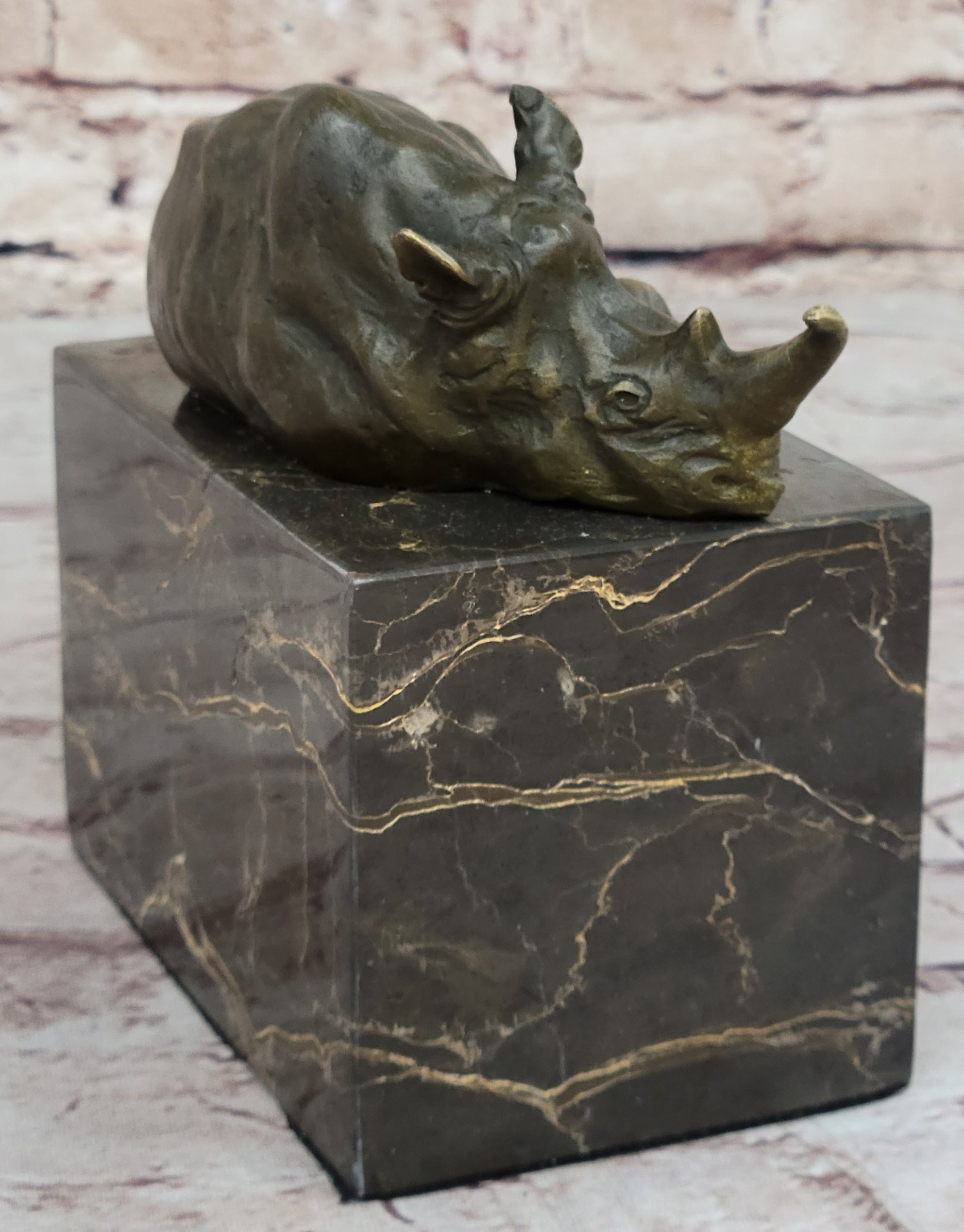 Rhinoceros Rhino Bookend Bronze Sculpture Figurine Lost Wax Casting on Marble Base