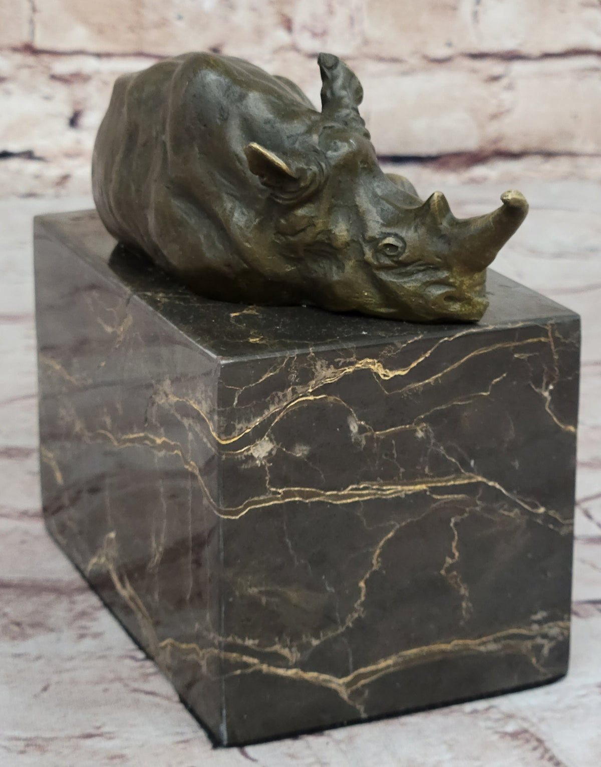 Rhinoceros Rhino Bookend Bronze Sculpture Figurine Lost Wax Casting on Marble Base