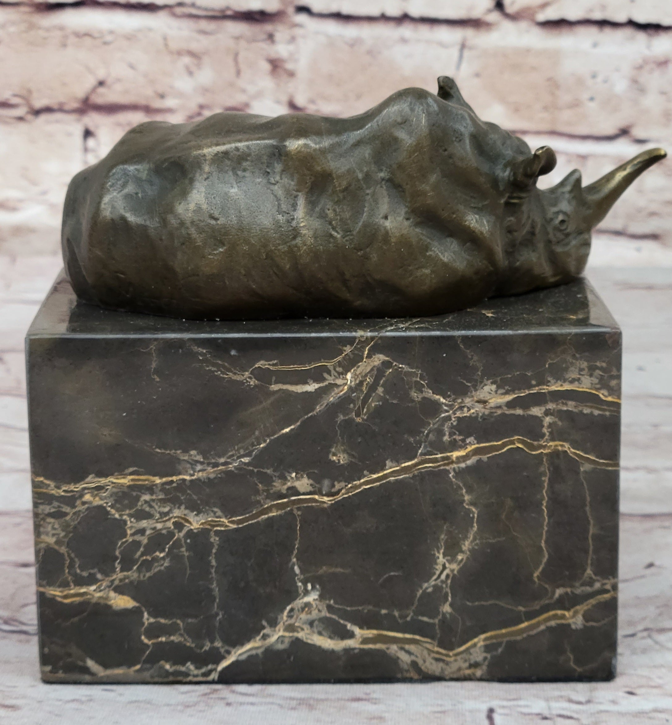Rhinoceros Rhino Bookend Bronze Sculpture Figurine Lost Wax Casting on Marble Base