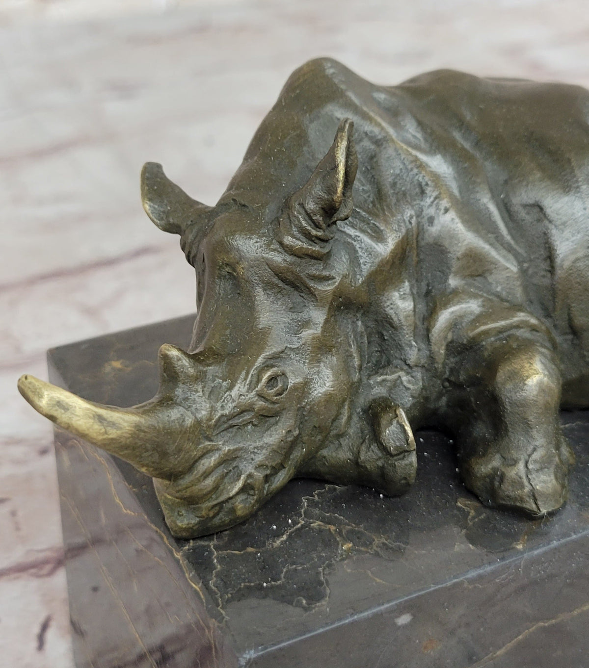 Rhinoceros Rhino Bookend Bronze Sculpture Figurine Lost Wax Casting on Marble Base
