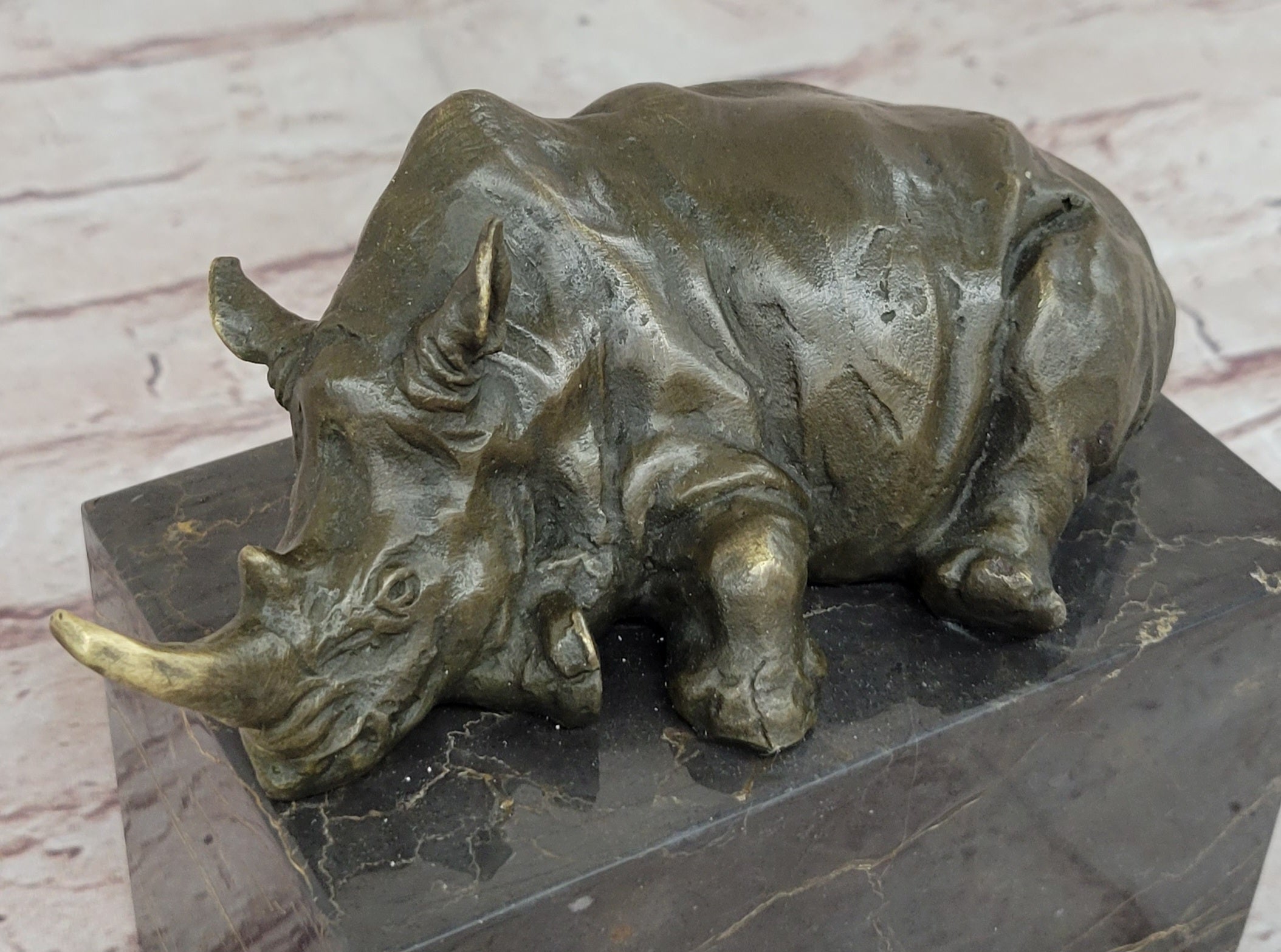 Rhinoceros Rhino Bookend Bronze Sculpture Figurine Lost Wax Casting on Marble Base