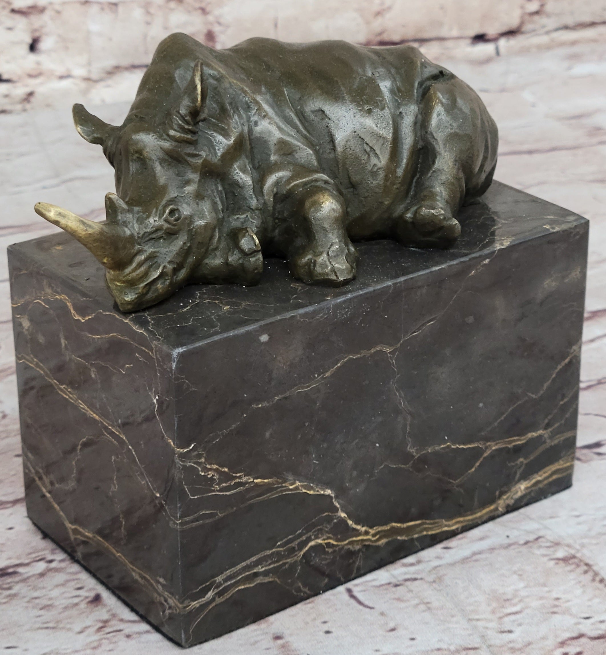 Rhinoceros Rhino Bookend Bronze Sculpture Figurine Lost Wax Casting on Marble Base