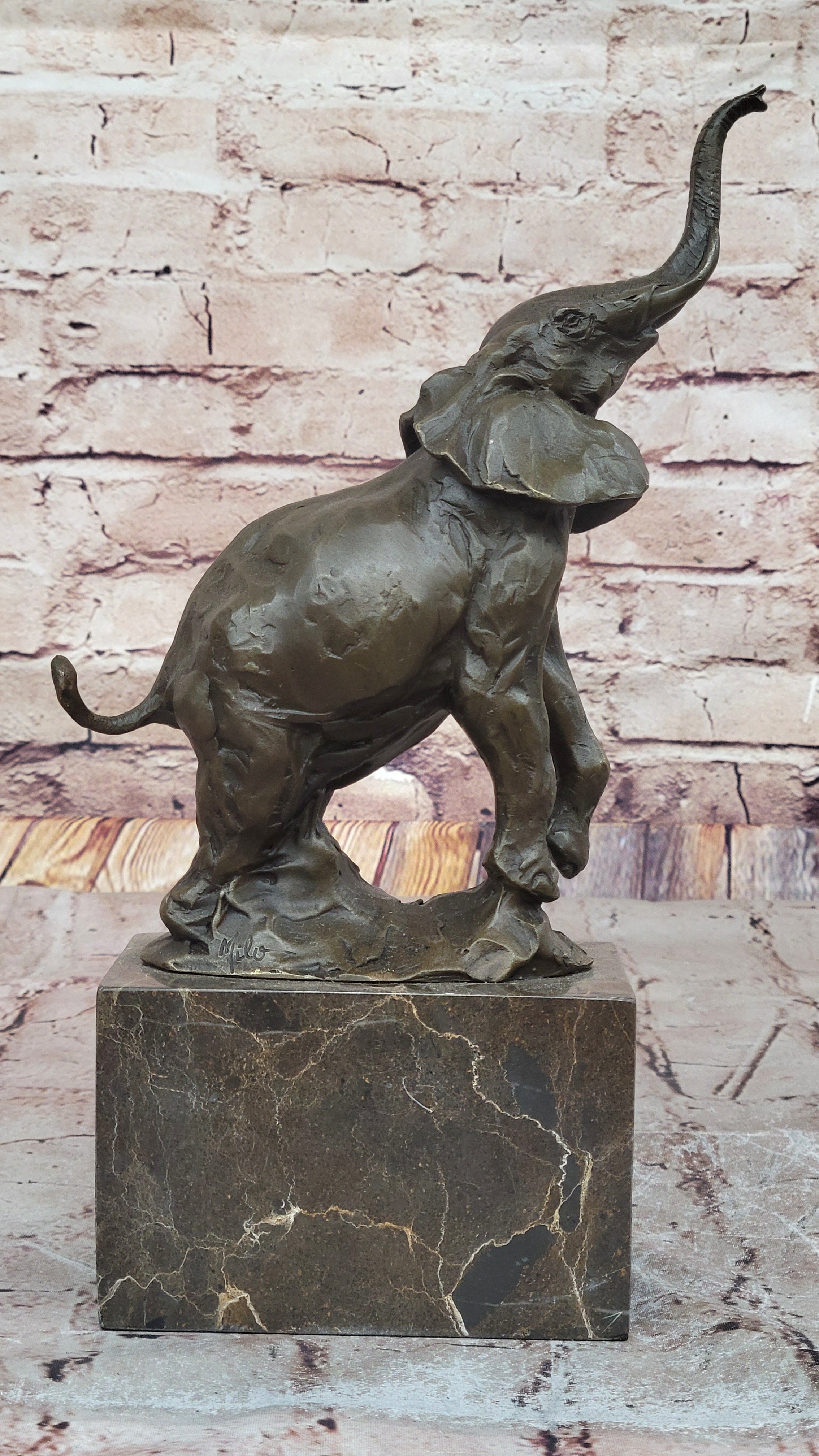 Elephant Standing on Hind Legs Bronze Figure Statue Sculpture Signed Art on Marble Base