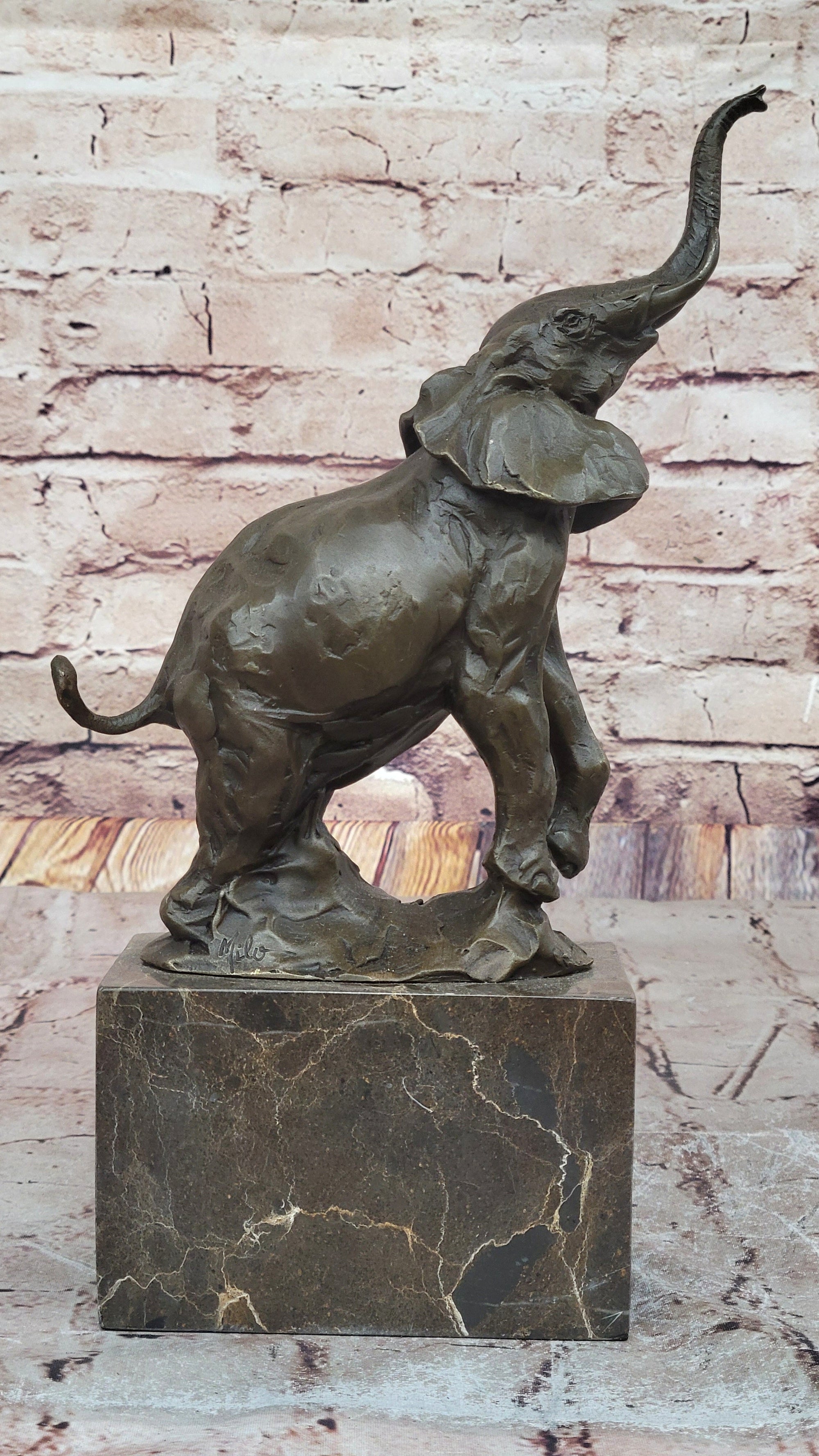 Elephant Standing on Hind Legs Bronze Figure Statue Sculpture Signed Art on Marble Base