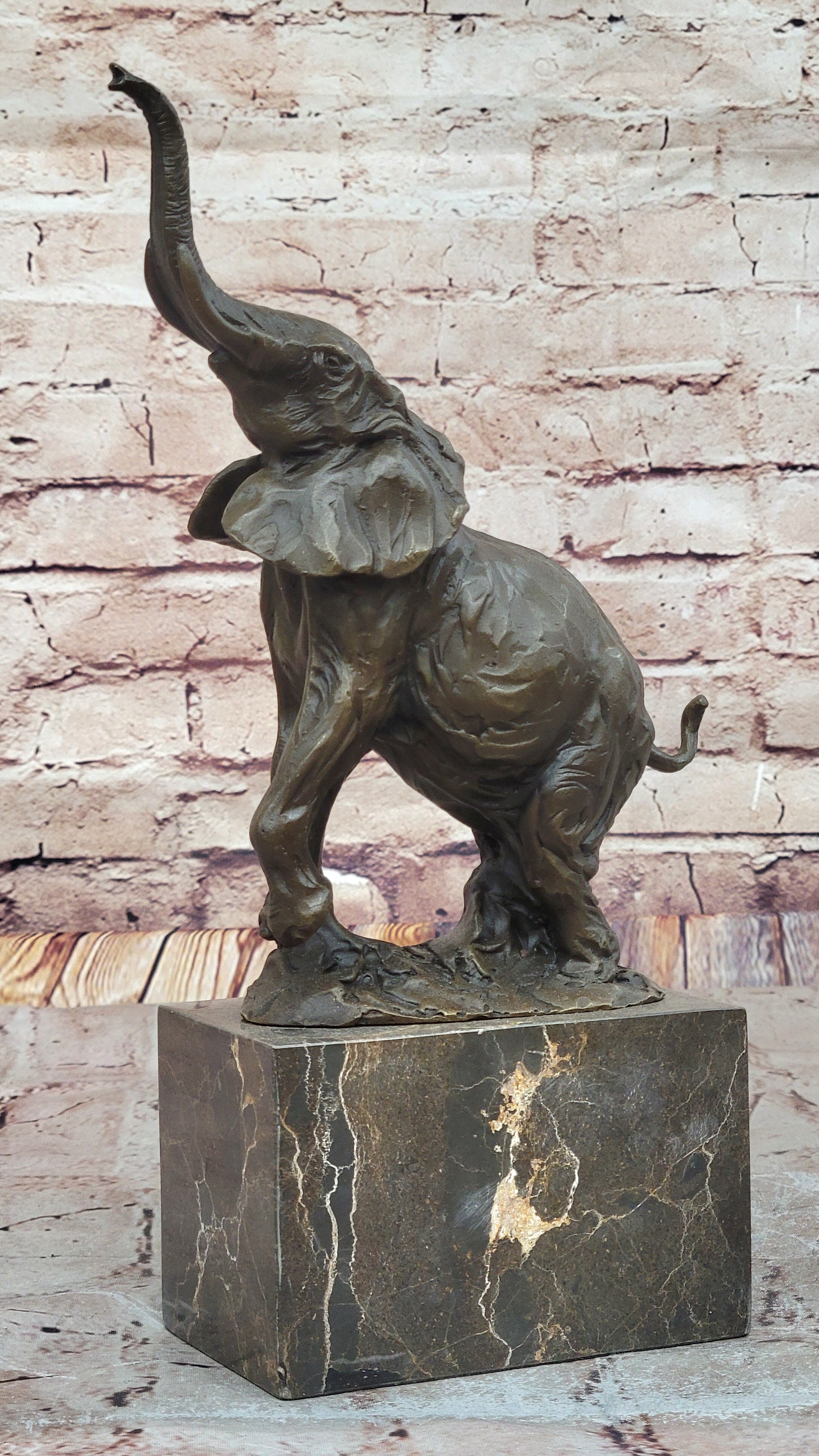 Elephant Standing on Hind Legs Bronze Figure Statue Sculpture Signed Art on Marble Base