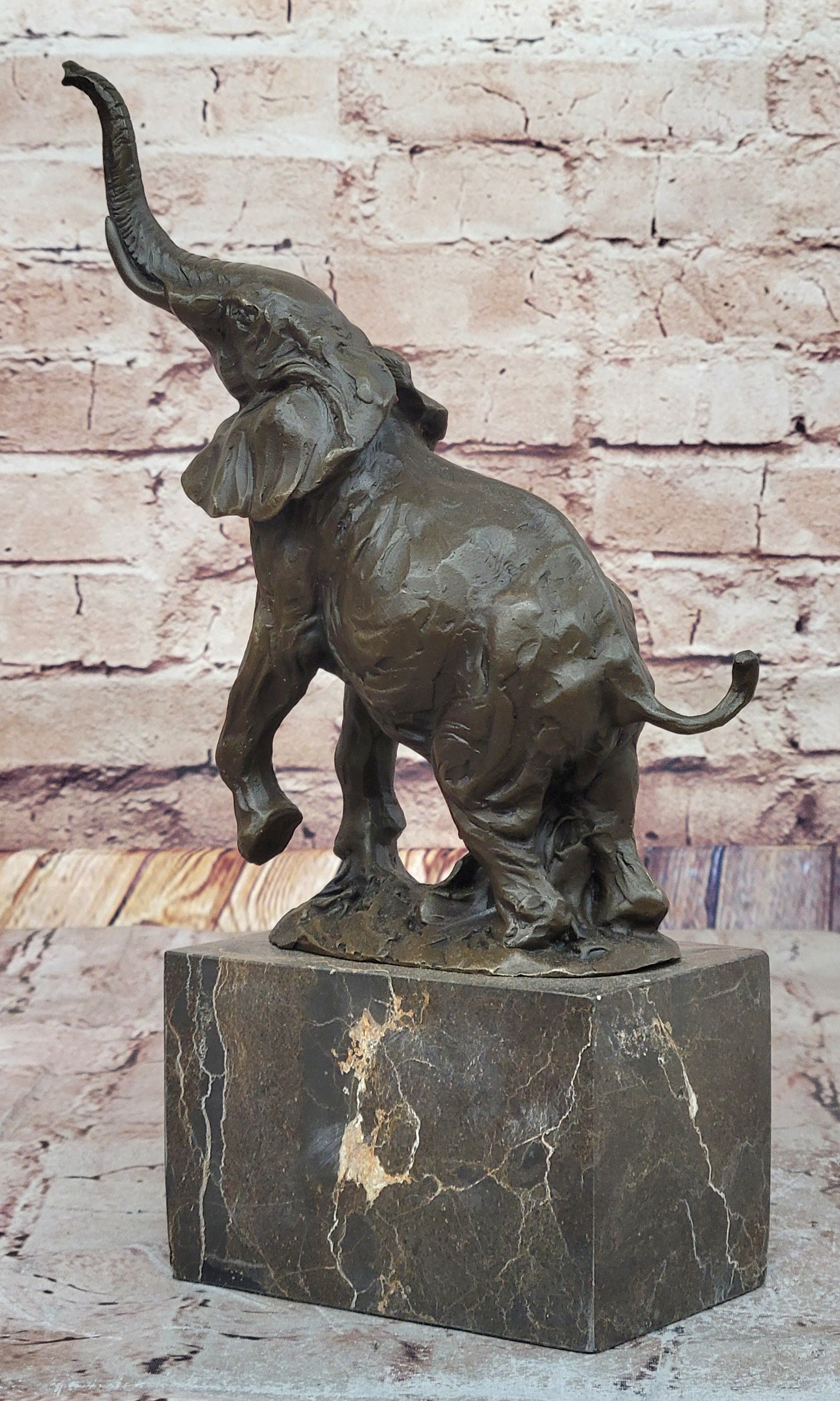 Elephant Standing on Hind Legs Bronze Figure Statue Sculpture Signed Art on Marble Base