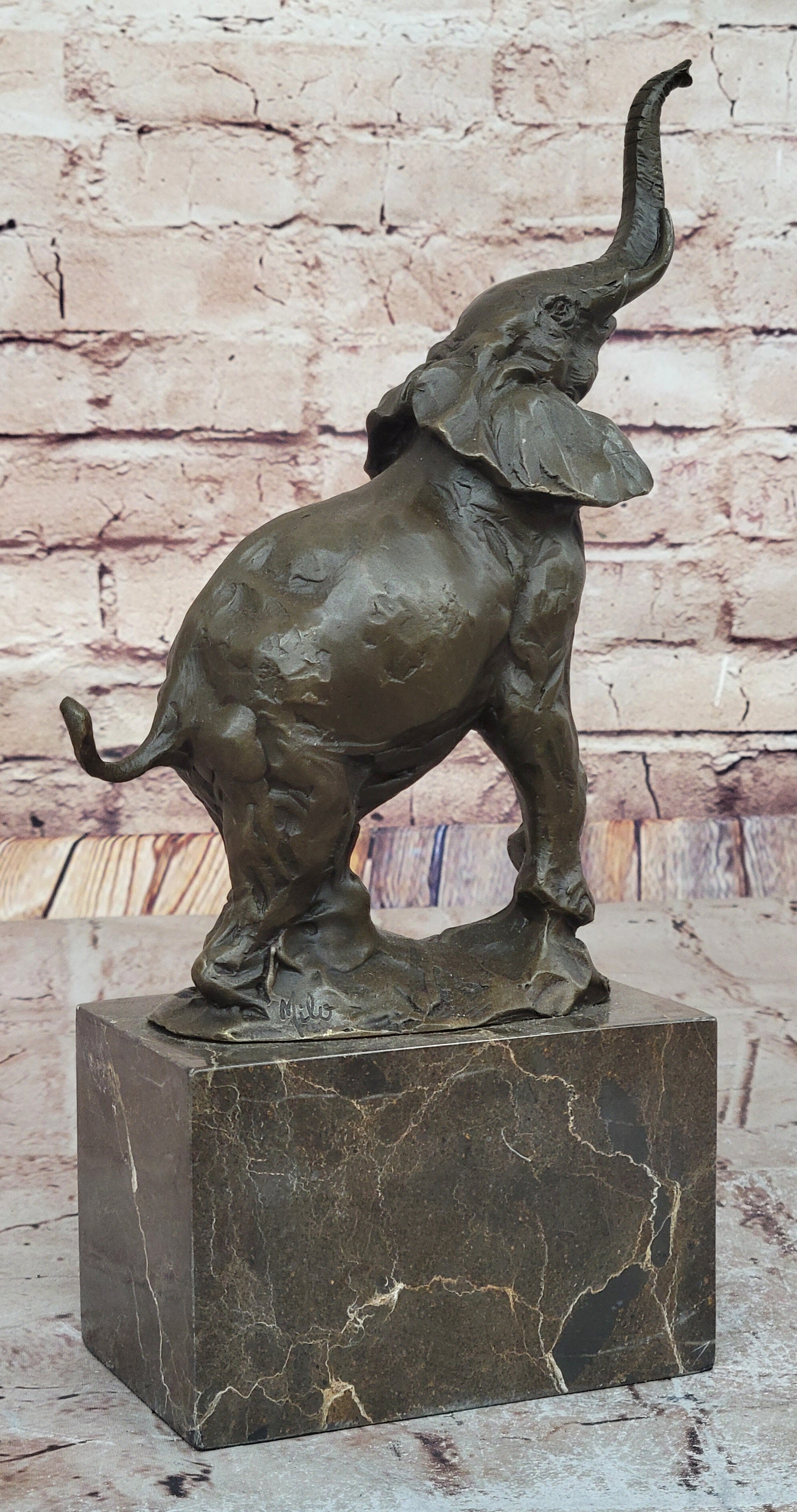 Elephant Standing on Hind Legs Bronze Figure Statue Sculpture Signed Art on Marble Base