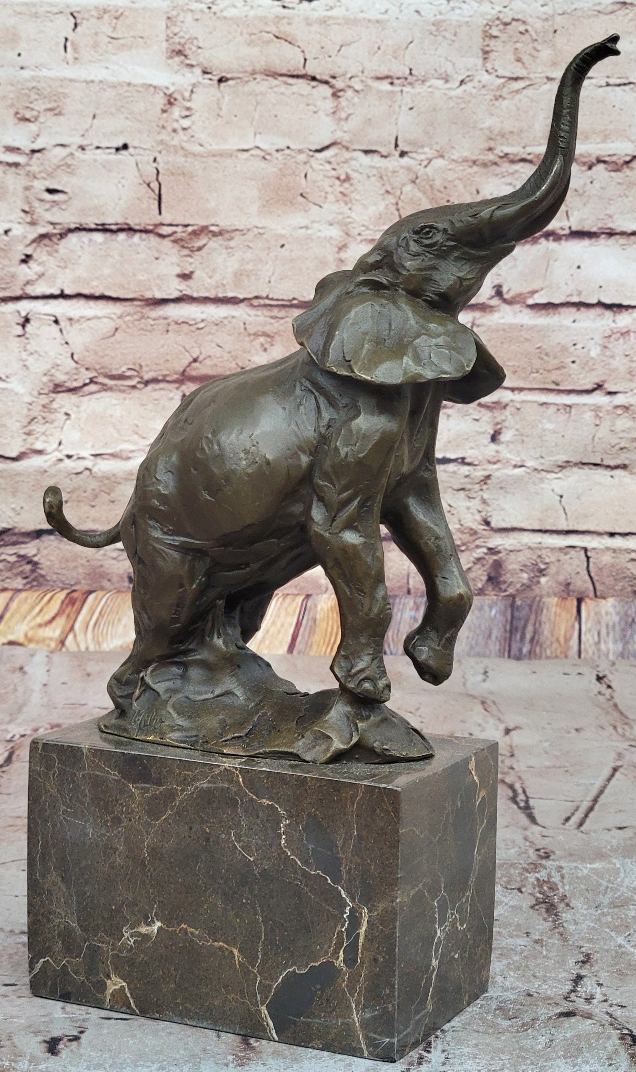 Elephant Standing on Hind Legs Bronze Figure Statue Sculpture Signed Art on Marble Base