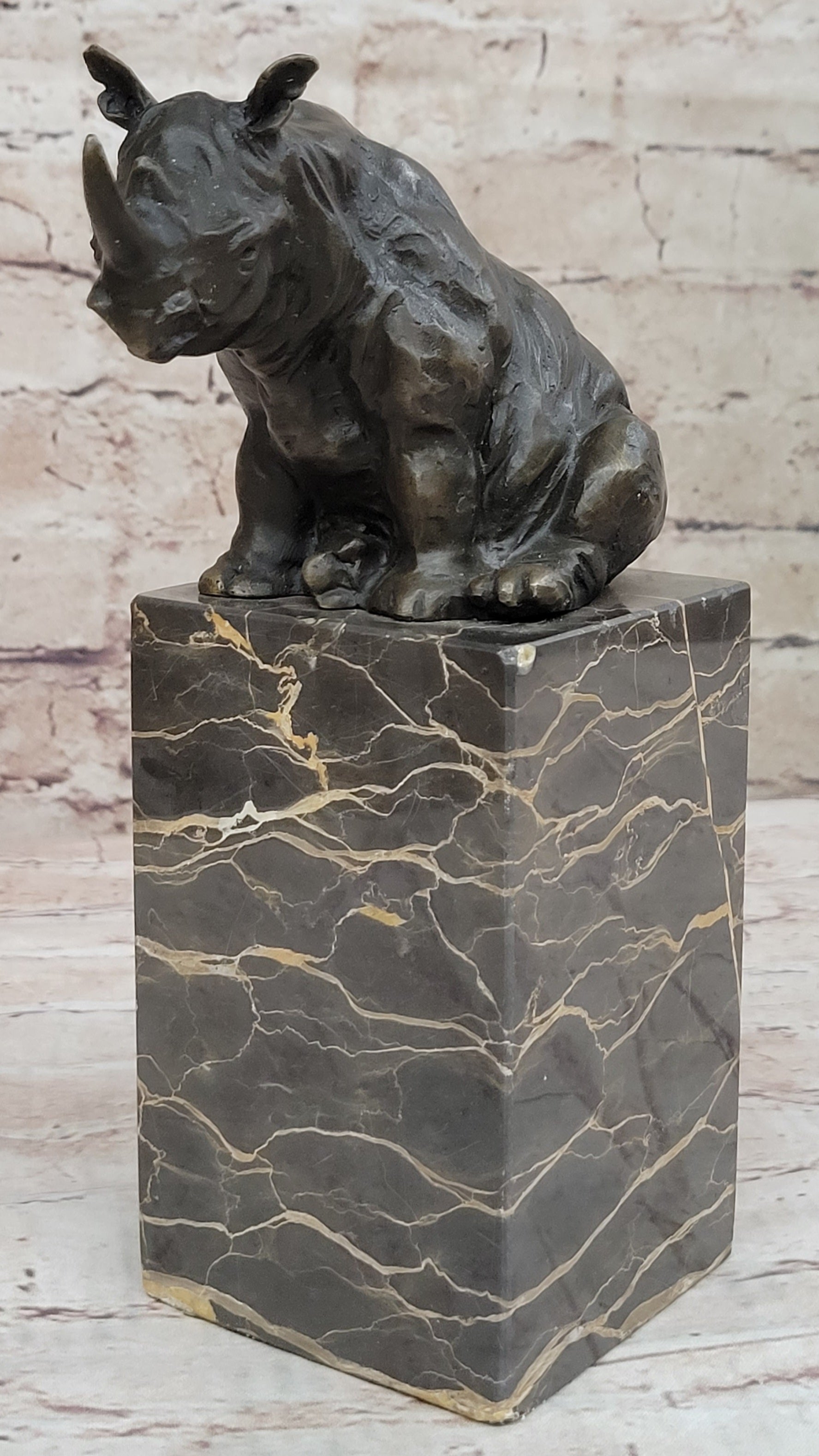 Signed Milo African Rhinoceros Rhino Bronze Figurine Sculpture Statue on Marble Base