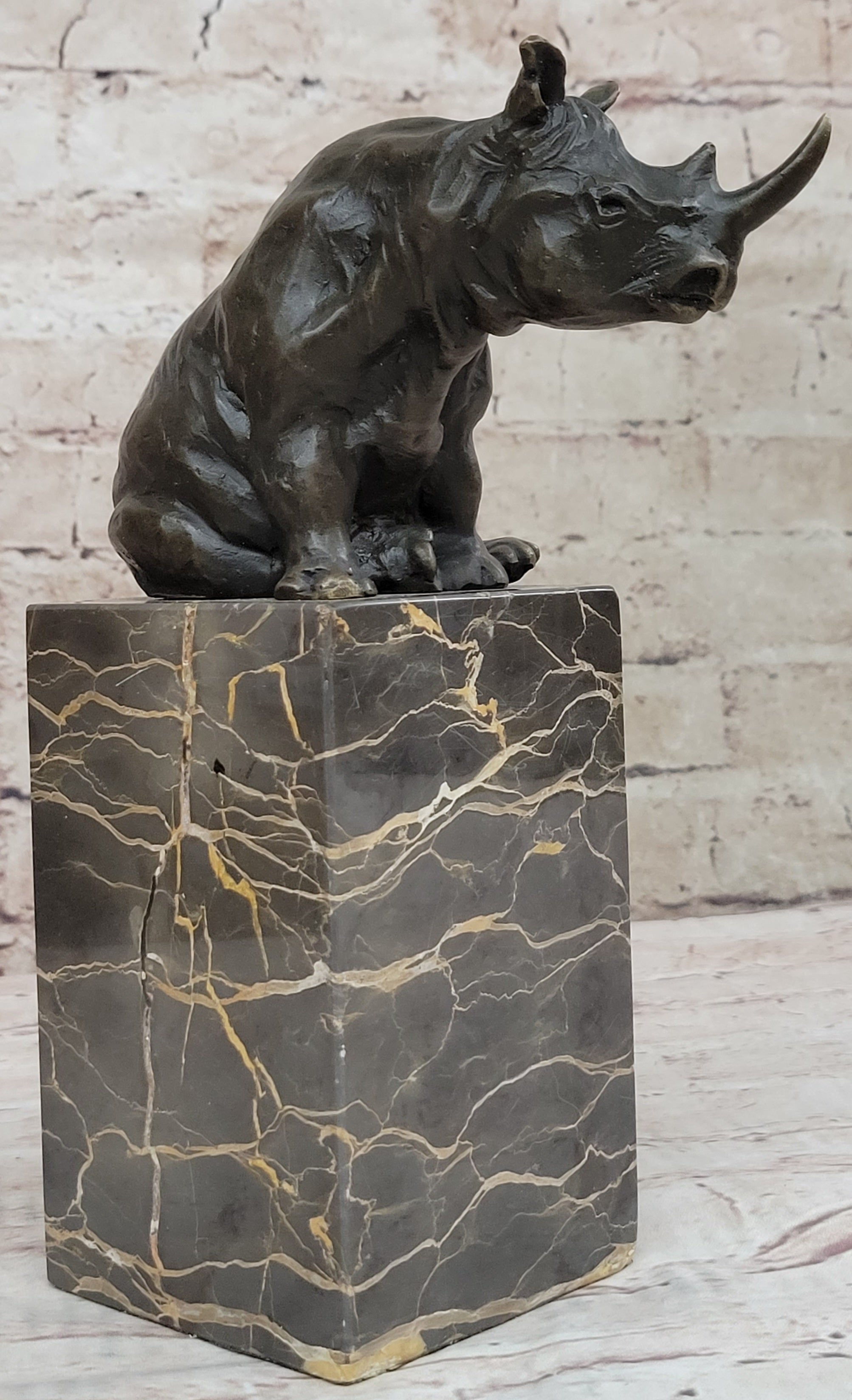 Signed Milo African Rhinoceros Rhino Bronze Figurine Sculpture Statue on Marble Base
