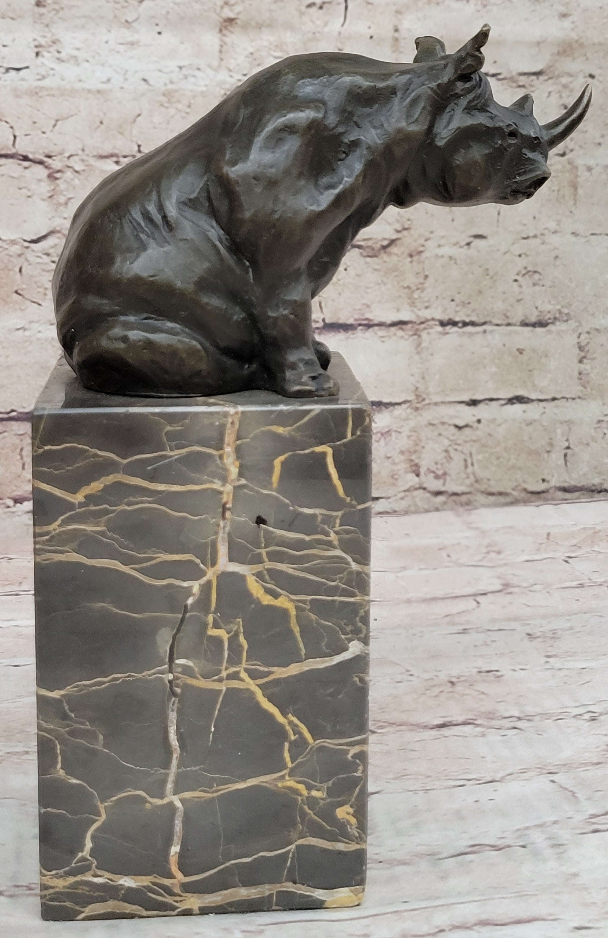 Signed Milo African Rhinoceros Rhino Bronze Figurine Sculpture Statue on Marble Base